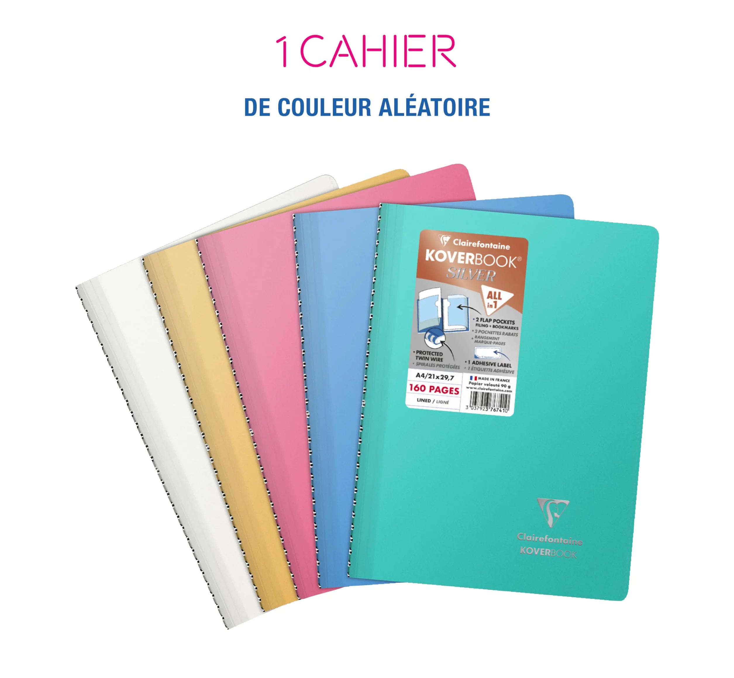 Clairefontaine Koverbook Silver Cahier à Spirale A4 21x29,7 cm 160 Pages Lignées Papier 90 g Couverture Polypro Opaque
