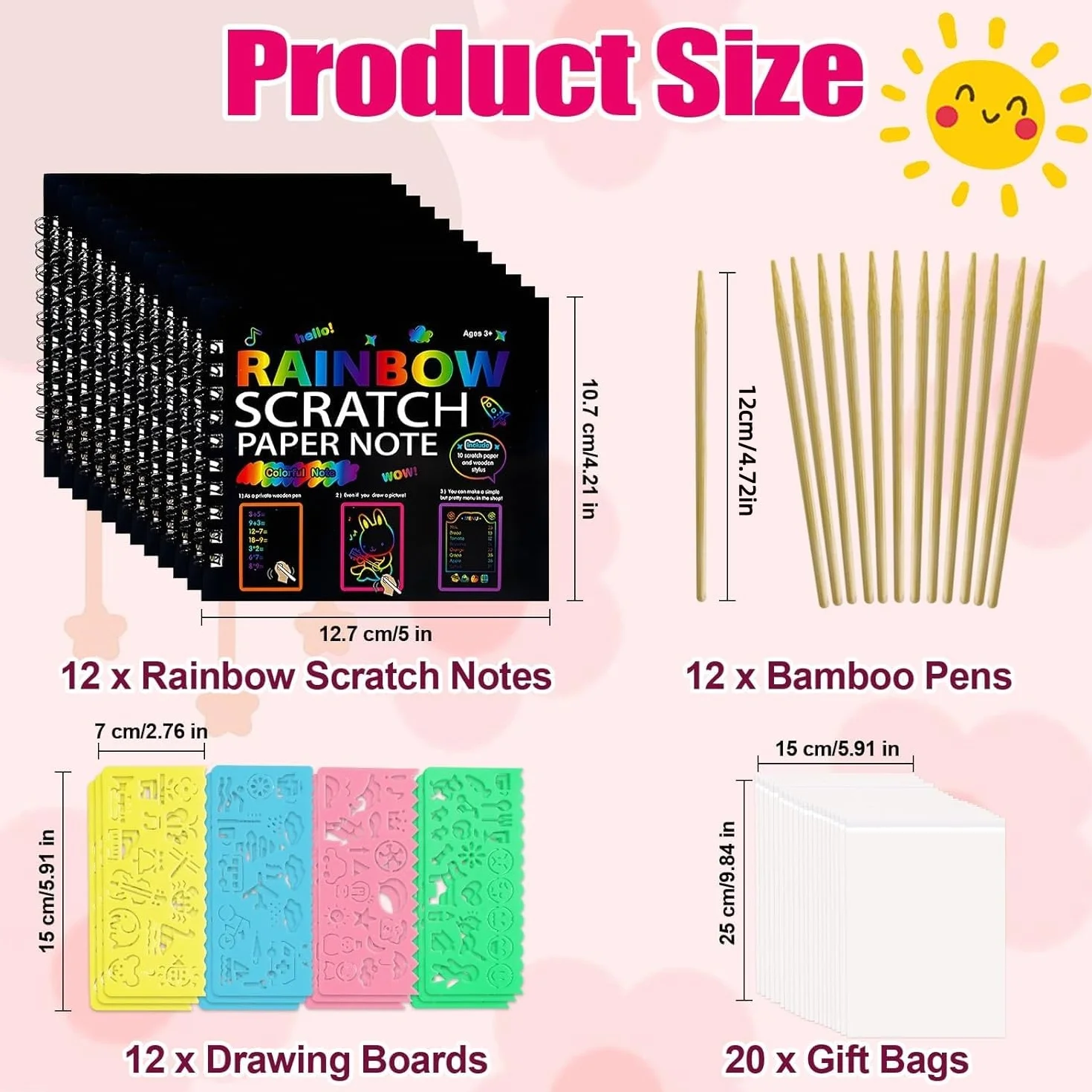 Carte à Gratter Enfant 12 Pack Notes Arc-en-ciel Livre d'Art à Gratter avec Stylo Bambou