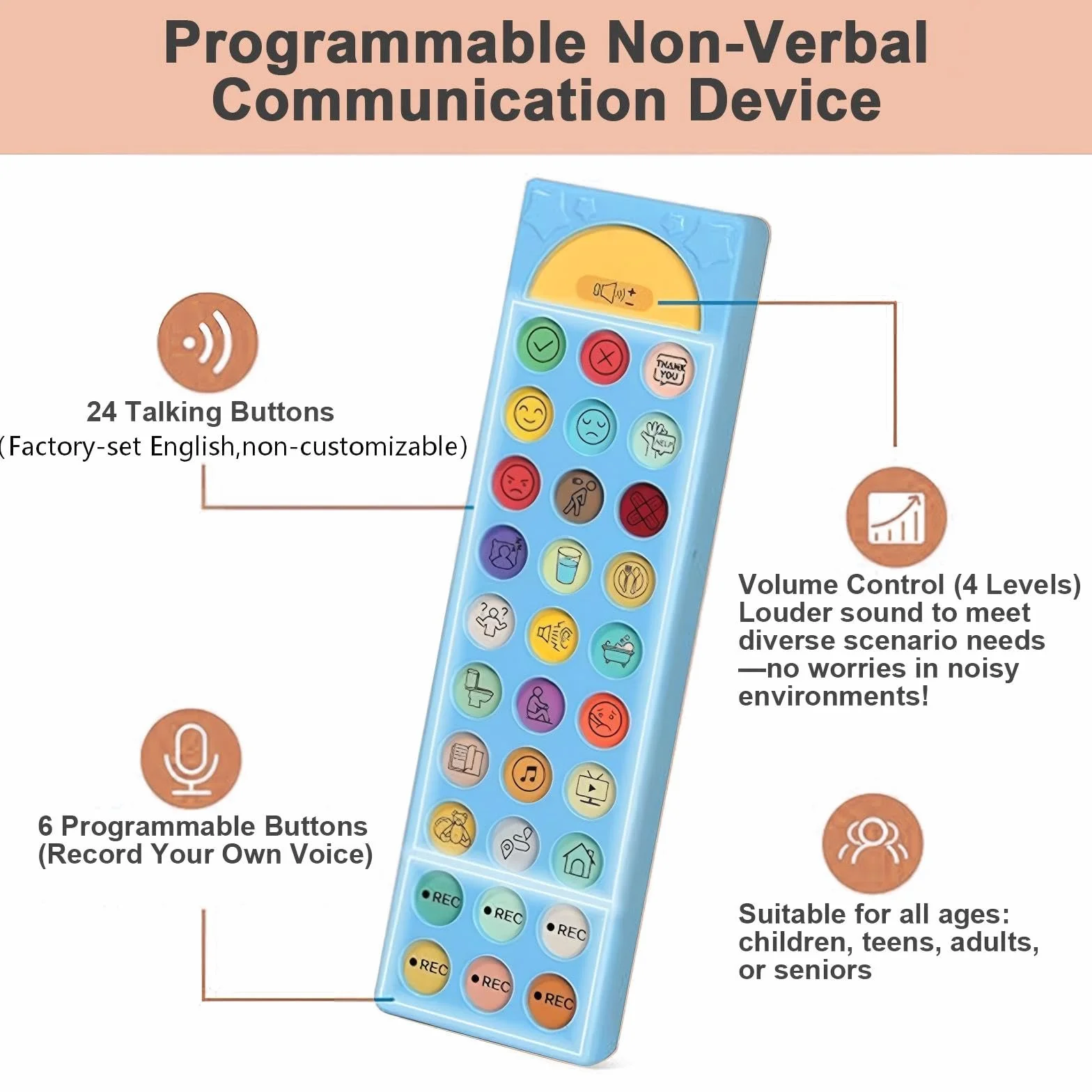 Dispositif CAA pour Autisme, Outil de Communication Non Verbale 6 Boutons Programmable Volume Réglable Aide Thérapie Vocale