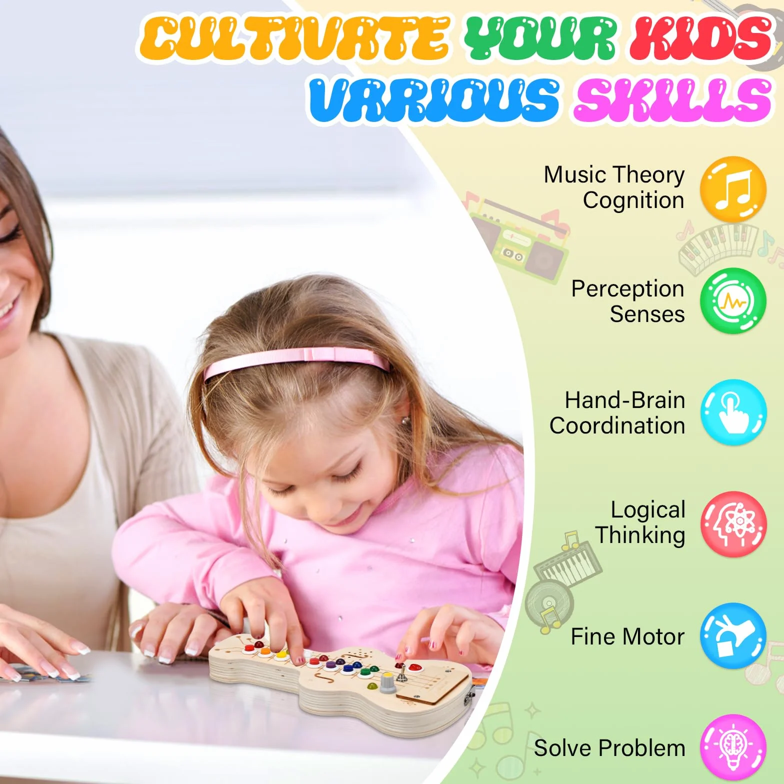 Busy Board Montessori Guitare Jouet Enfant avec Lumières LED et Boutons de Note Jouet en Bois Sensoriel pour 1-5 Ans