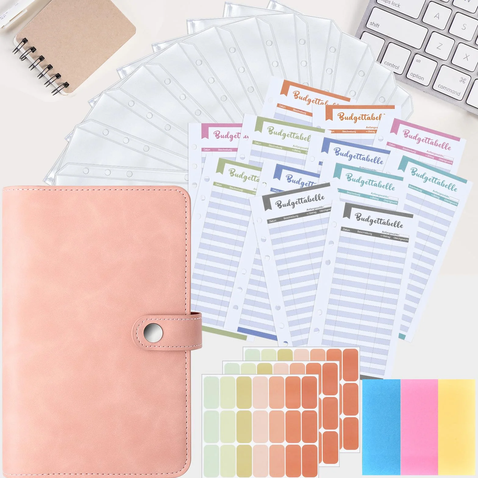 Classeur A6 en PU Cuir Budget Planner avec 10 PVC Enveloppe Budget, 12 Feuilles Budget, 3 Autocollants
