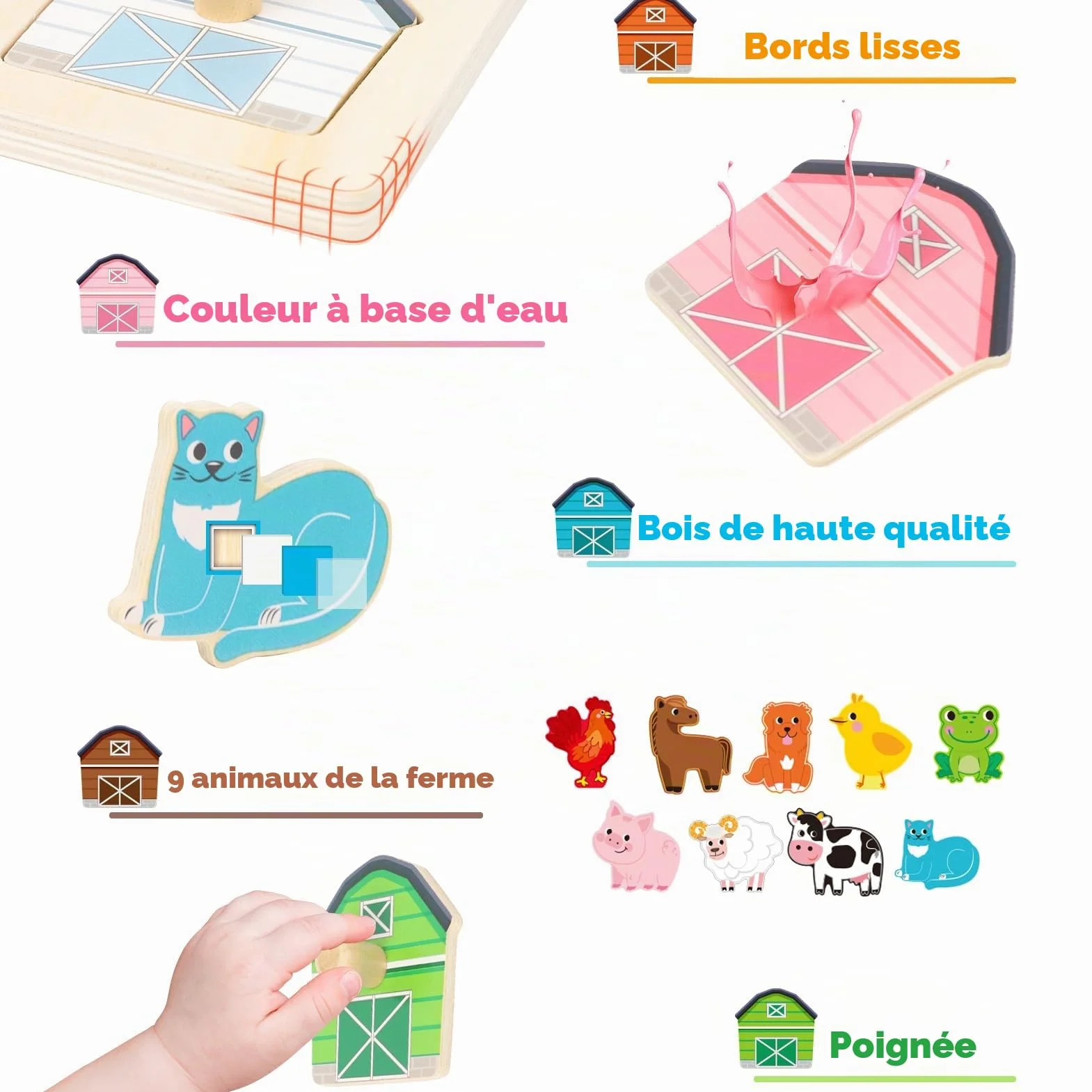 Jouets Montessori Puzzle en Bois pour Bébé 1 an Ferme Jouet Moteur 12-36 Mois Fille Garçon