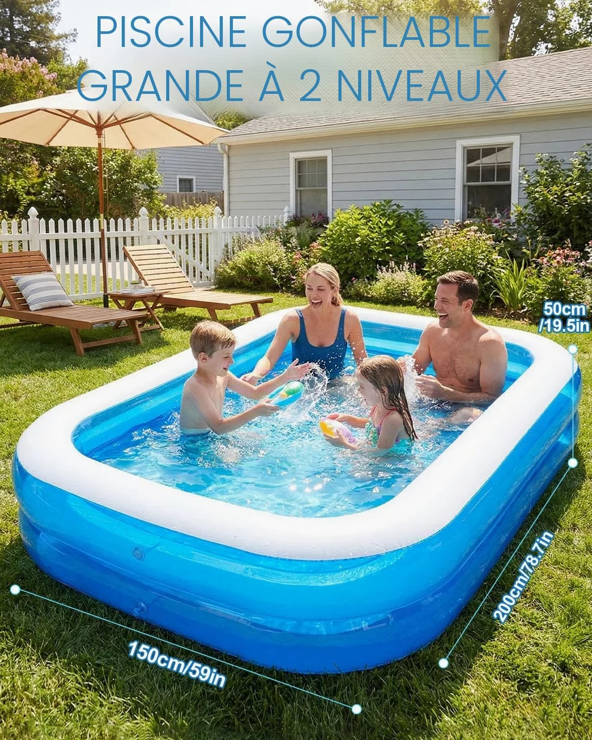 Piscine gonflable rectangulaire pour enfants et famille, grande pataugeoire de jardin, 2 chambres à air indépendantes, matériau PVC de 0,4 mm d'épaisseur, idéale pour une utilisation en été, 200 x 150