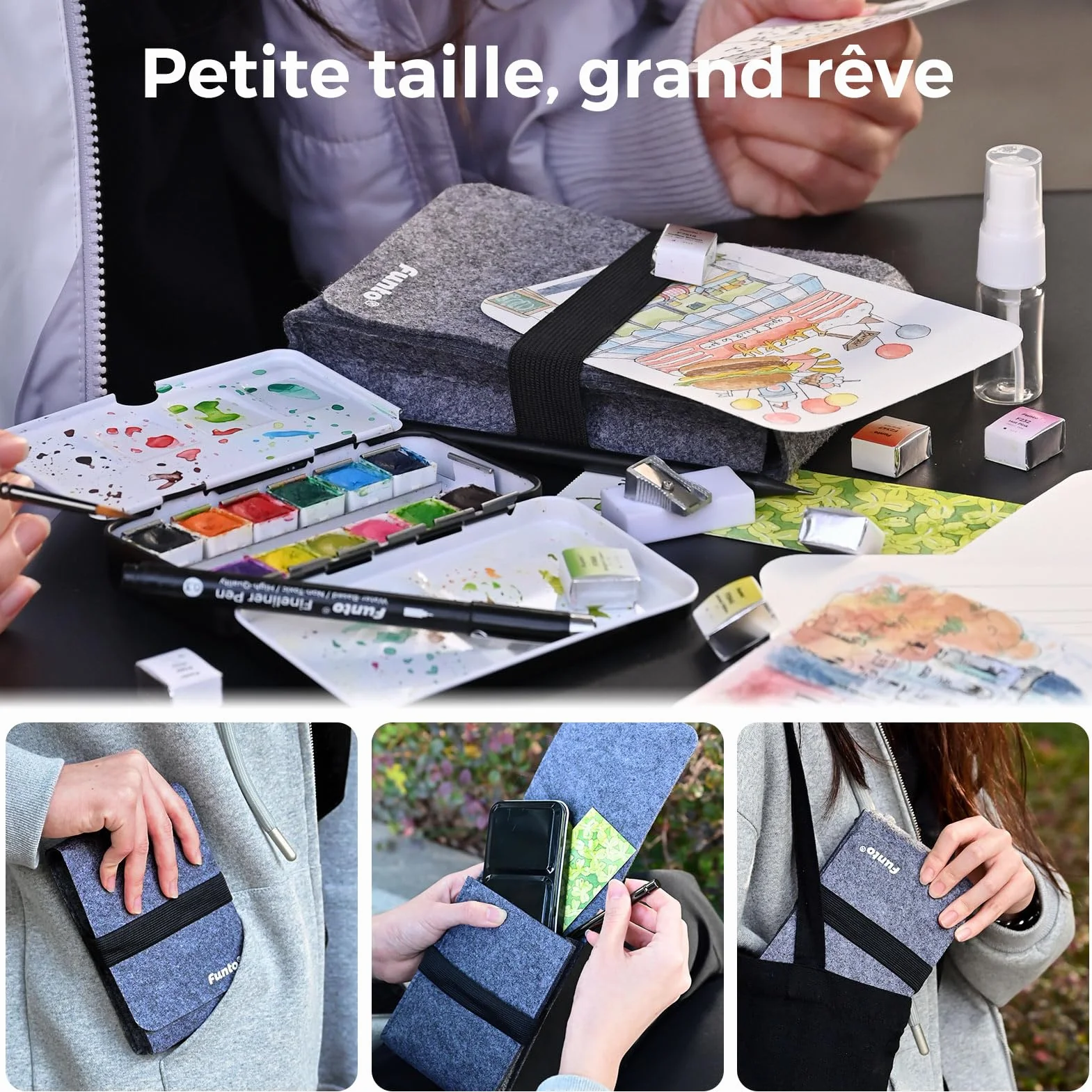 Set de voyage à l'aquarelle Funto 12 couleurs, 10 cartes postales, pinceau, stylo, crayon pour adultes