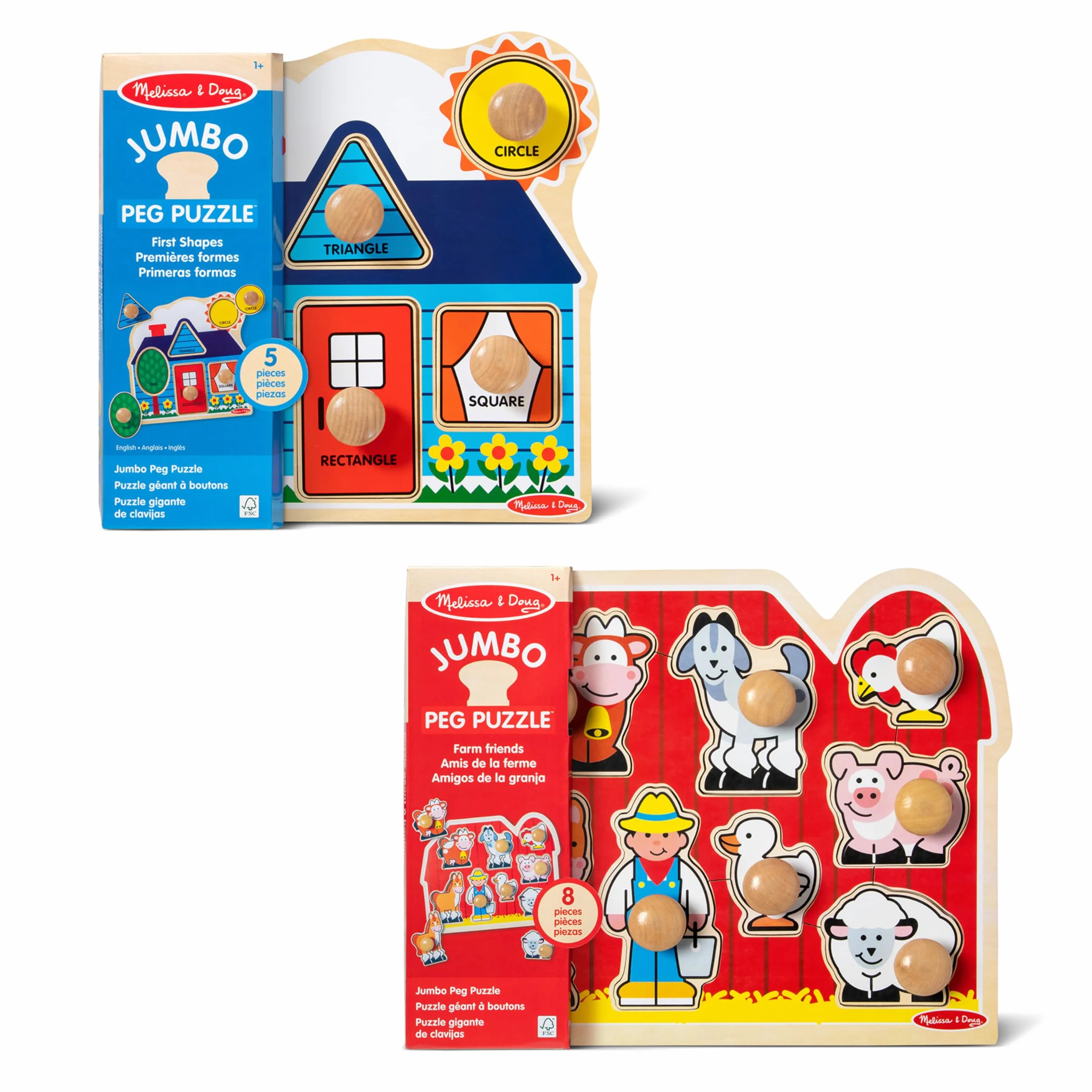 Melissa & Doug Lot de 2 Puzzles à Grandes Chevilles en Bois pour Les bébés, Les Petits garçons et Les Petites Filles - Grande Ferme, Premières Formes