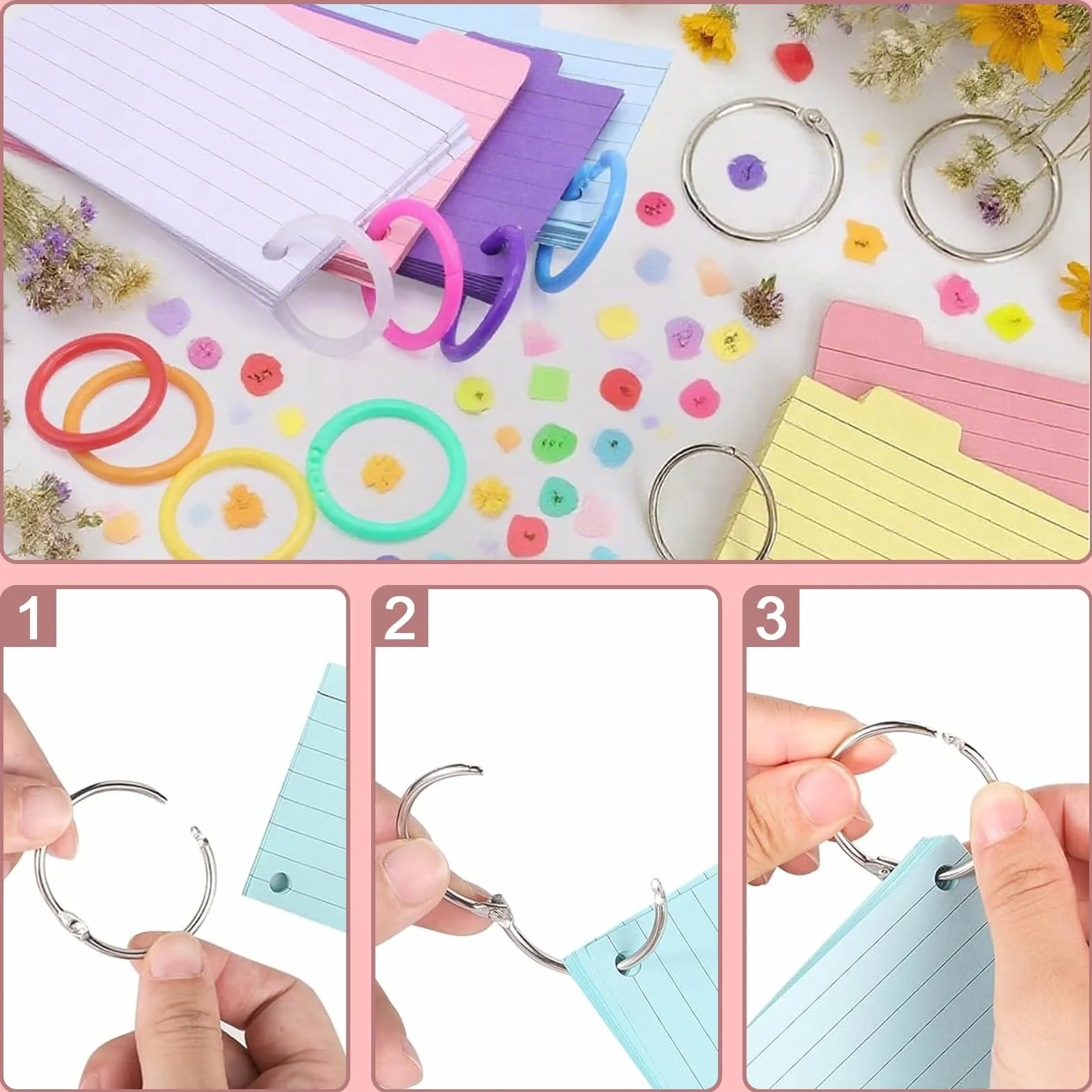 Boîte à Fiches de Rangement avec 150 Fiches Blanches, 15 Index Cards, 6 Anneaux pour l'École