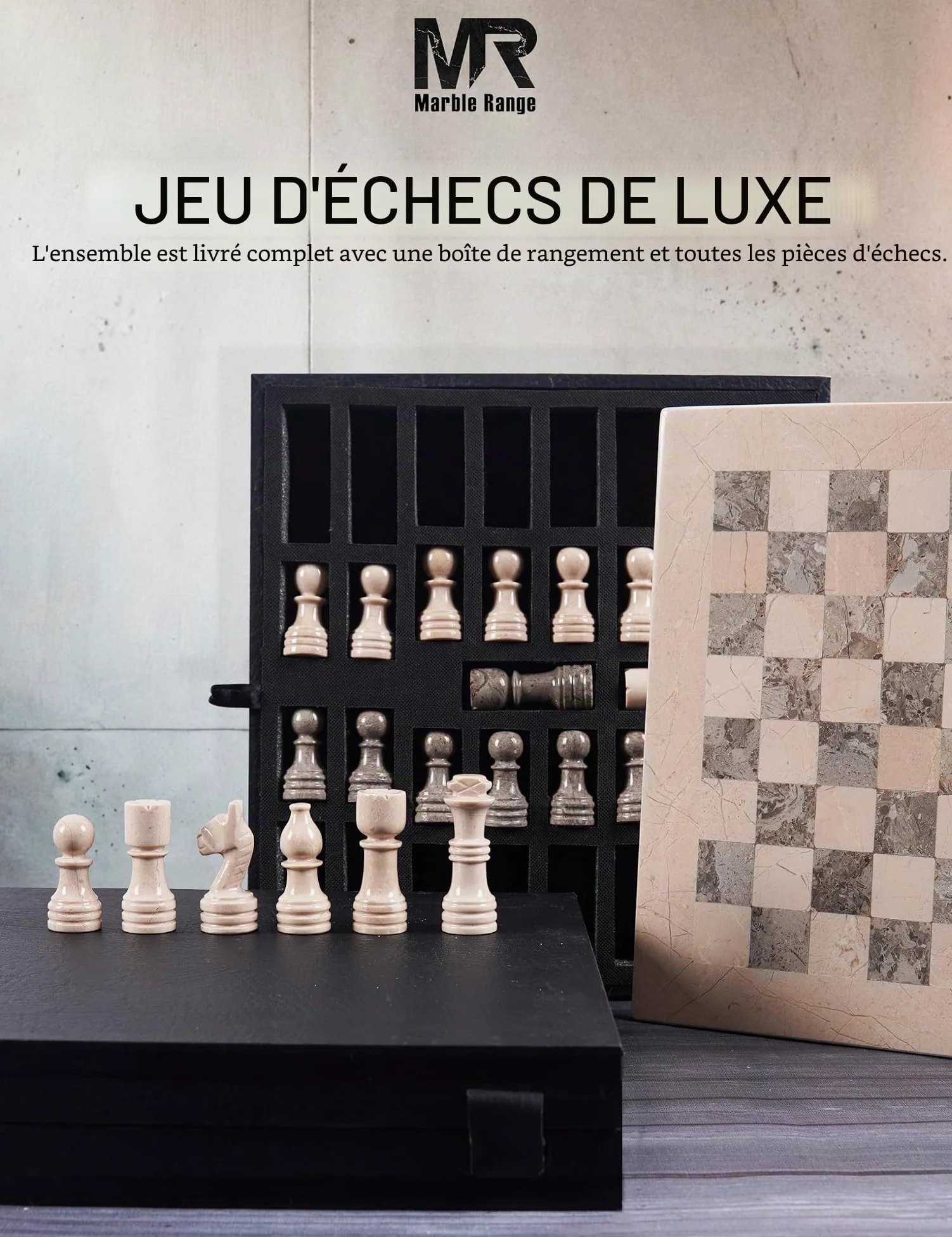 Verona and Oceanic Jeu d'échecs en marbre fait à la main avec boîte de rangement, jeu d'échecs de voyage classique pour adultes avec pièces d'échecs et 2 reines supplémentaires, cadeau élégant et