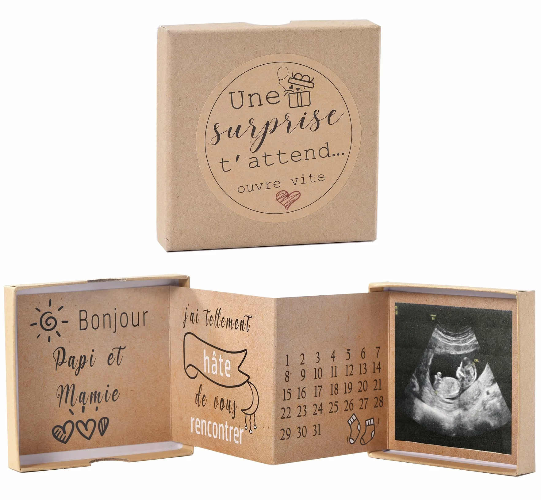 Carte Dépliante Surprise Annonce Grossesse Future Grand-Parents avec Photo Échographie Calendrier Naissance