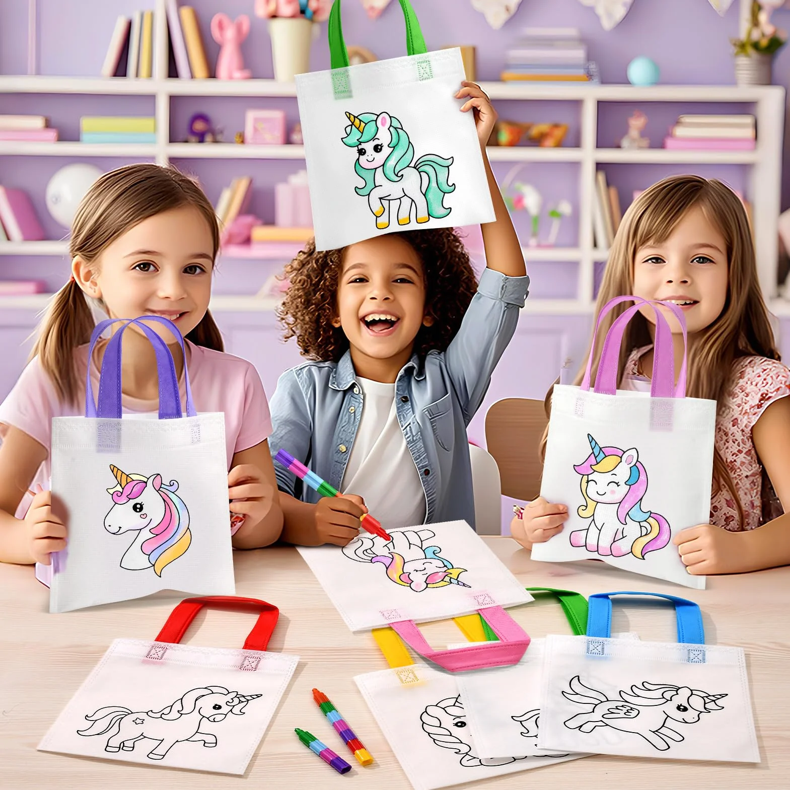 Toyssa 12pcs Sacs Licorne Dino Animaux à Peindre pour Enfants avec Crayons Empilables Set Créatif DIY Cadeaux d'Anniversaire