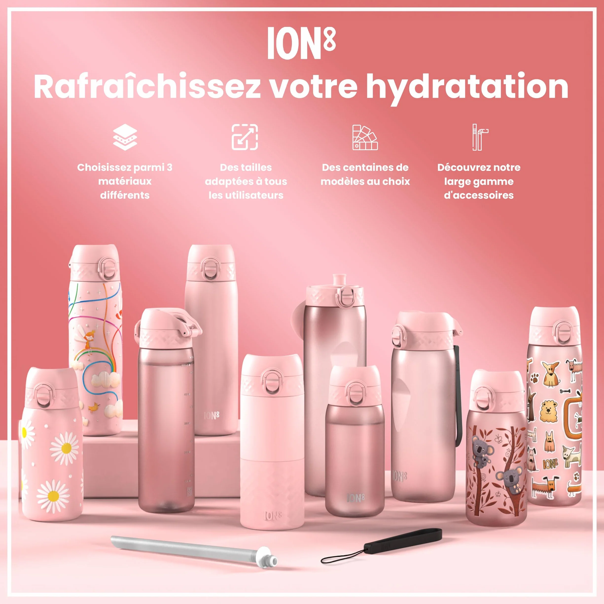 Ion8 Gourde Enfant Inox 400ml Anti-Fuite Verrouillage Sécurisé Lavable Lave-Vaisselle Acier Inoxydable Marguerites