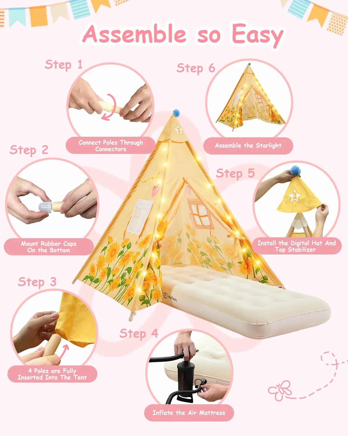 Lot de 6 Tentes Tipi pour Enfants avec Matelas Gonflables – Kit Complet Soirée Pyjama Cabane de Jeu