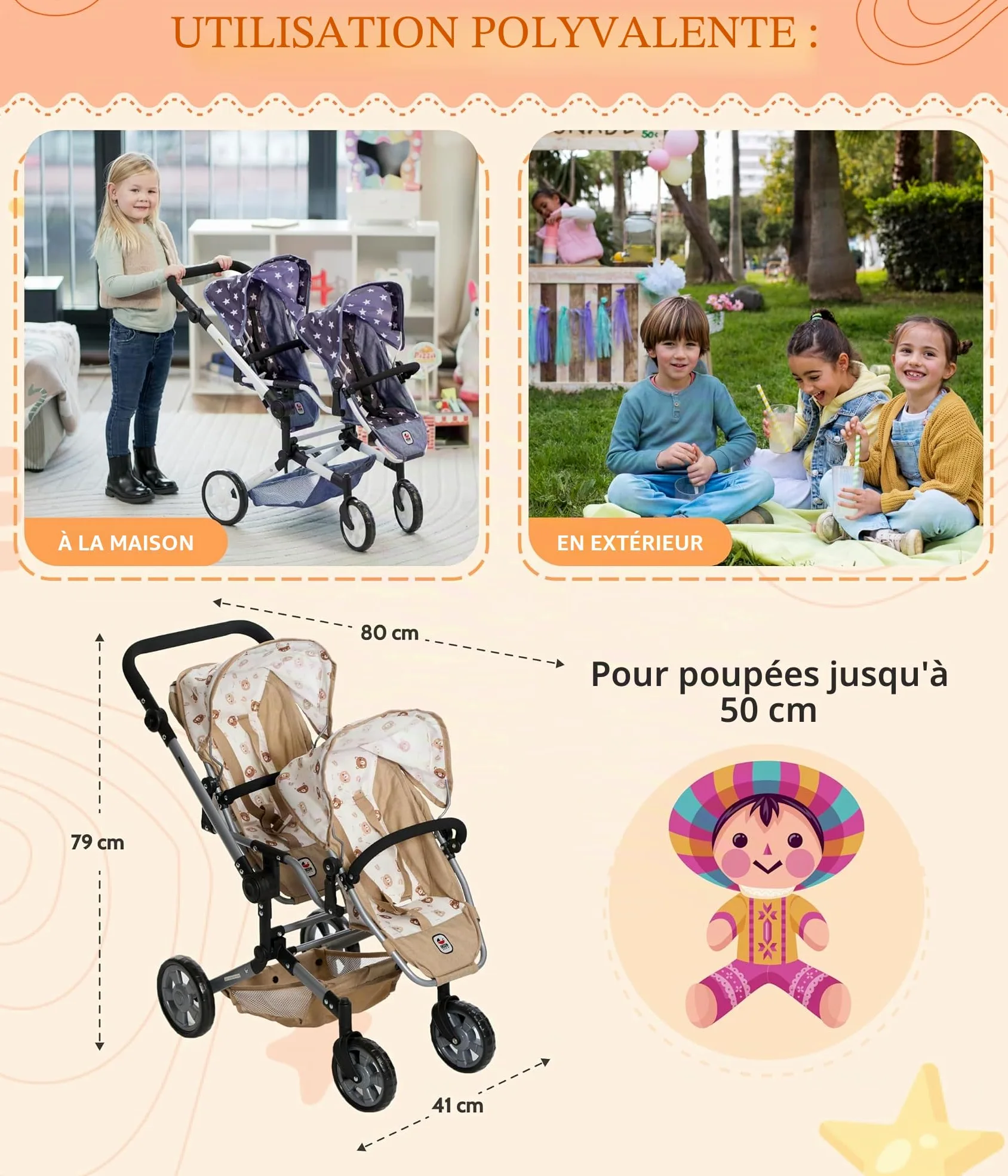 Bayer Chic 2000 Poussette poupée Double Linus Duo Pliable réglable | Poussette double pliable avec poignée réglable de 50 à 82 cm, conçue pour transporter 2 poupées.