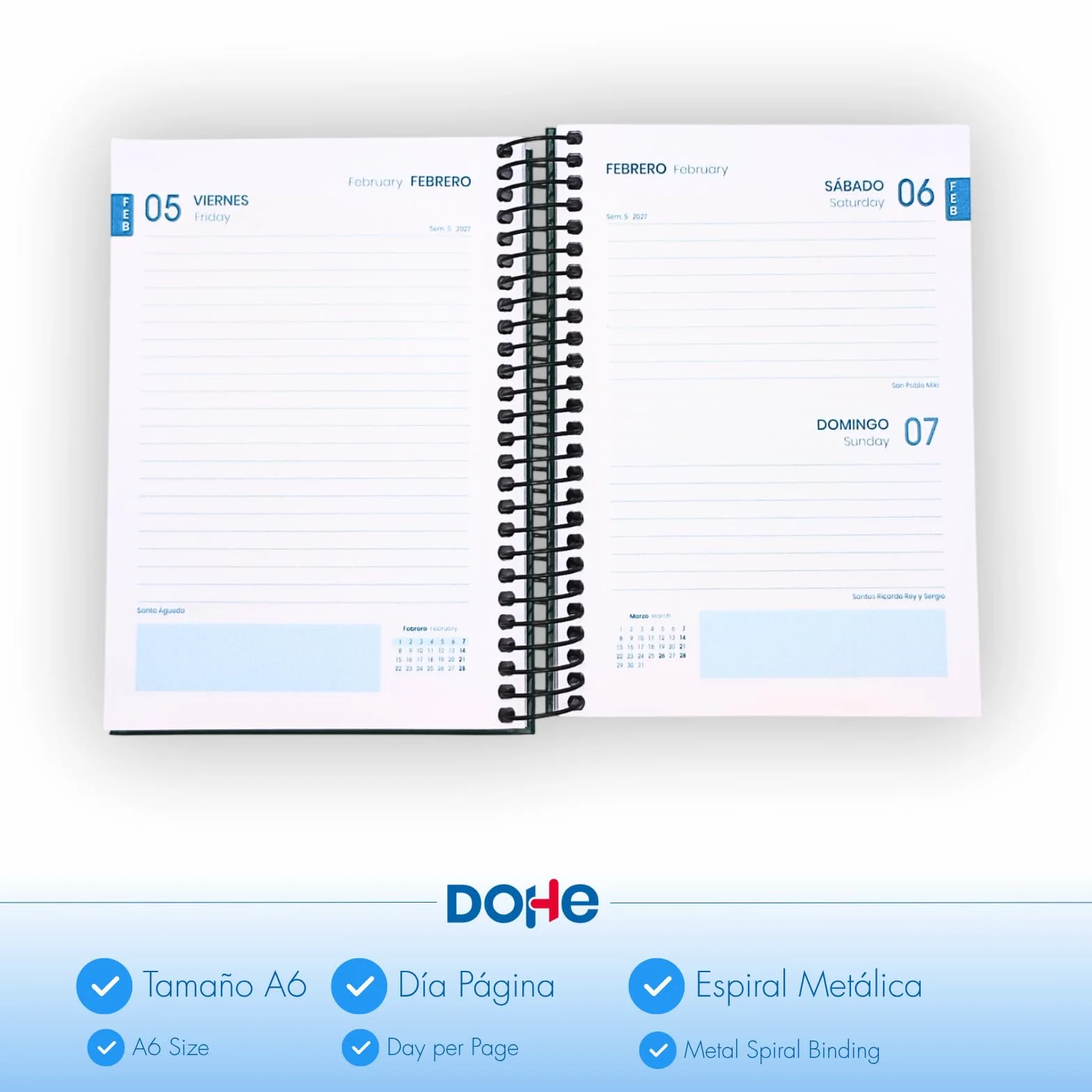 Agenda Scolaire 2026 2027 A6 12x17 cm Couverture Rigide Reliure Spirale Espagnol Anglais Noir
