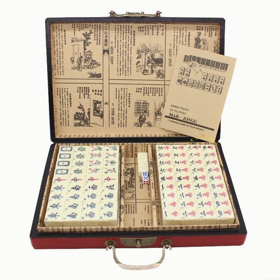 Jeu de pour mahjong Chinois 144 Tuiles avec Étui en pour bois | 144 tuiles complètes, 2 dés inclus, instructions anglaises, règles chinoises, jeu familial(without handle)