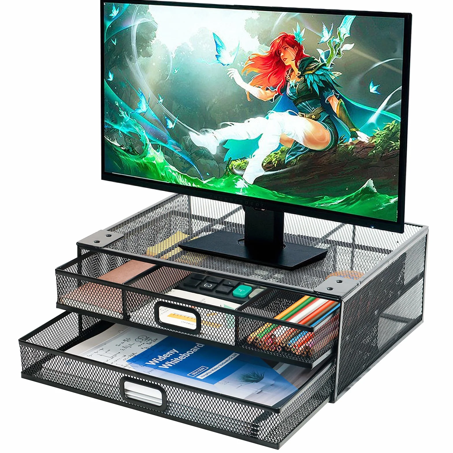 Tiroir sous bureau renforcé métal 2 tiroirs coulissants A4 organisateur rangement noir