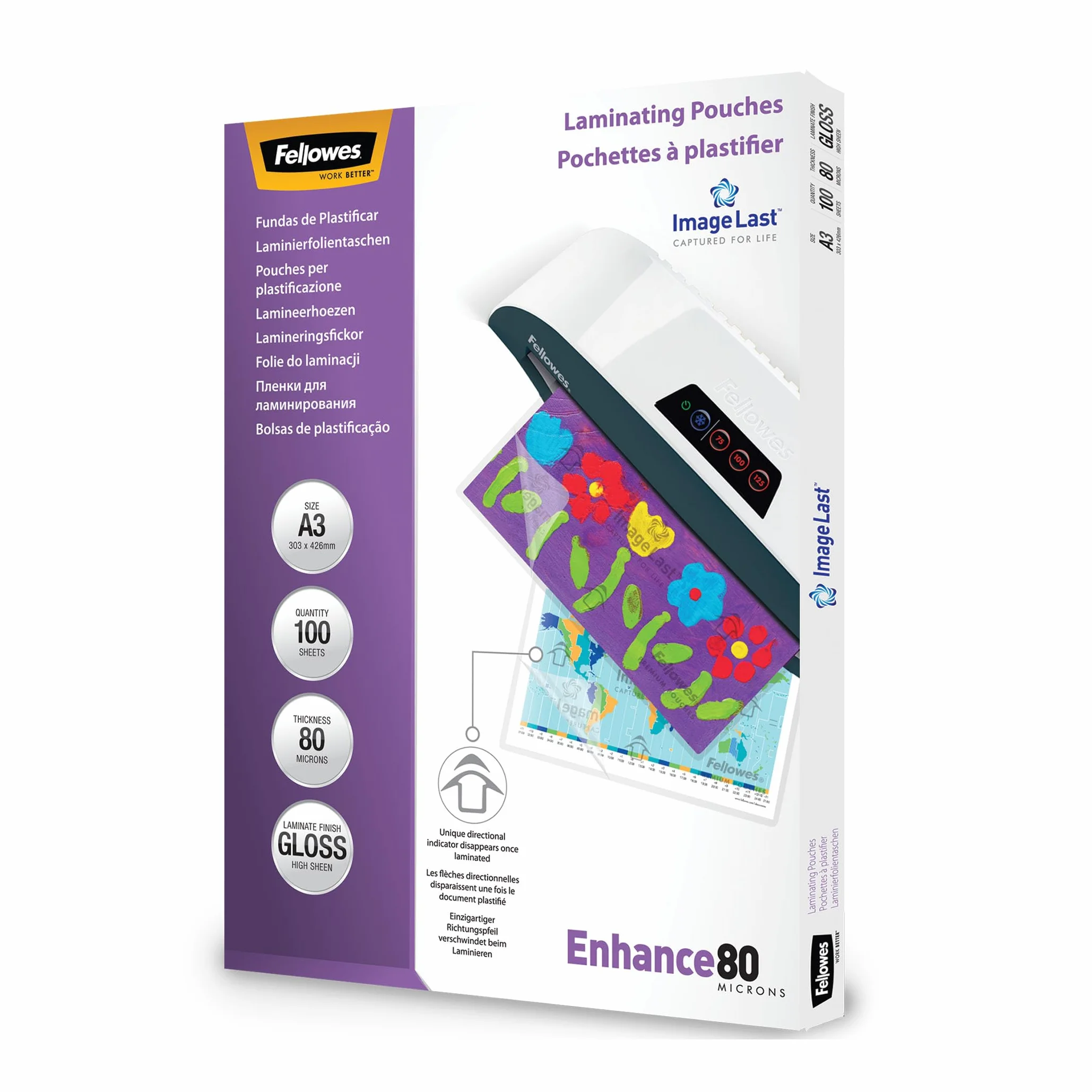 Fellowes Pochette Plastification 80 Microns A3 Pack 100 Feuilles Finition Brillante