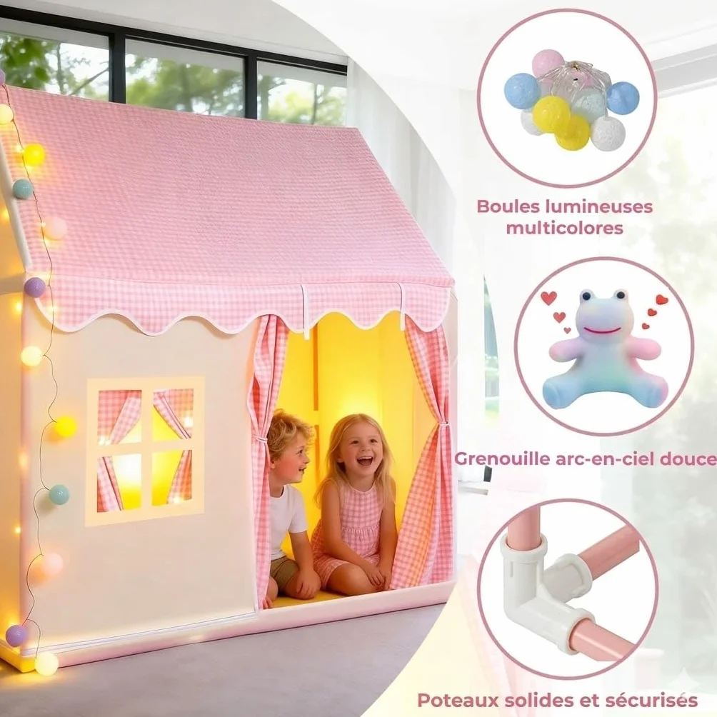 Tente de Jeu Pop-up Princesse Rose pour Fille avec Lumières et Peluche Grenouille Arc-en-Ciel 120x105x128 cm