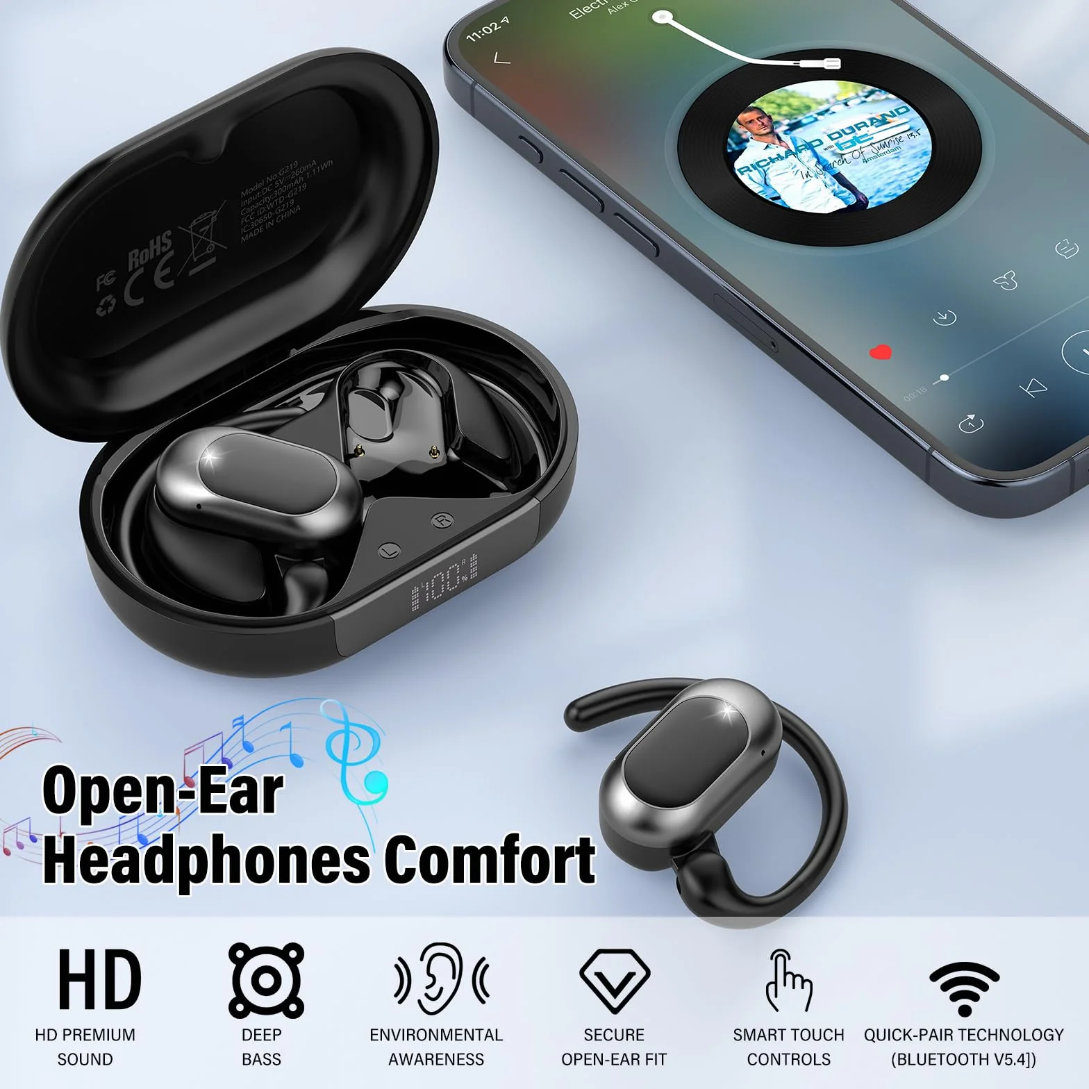 STECEi Écouteur Traducteur Instantané Bluetooth 5.4 sans Fil 164 Langues 40 Heure 3 en 1 AI Traduction Vocale Noir Profond
