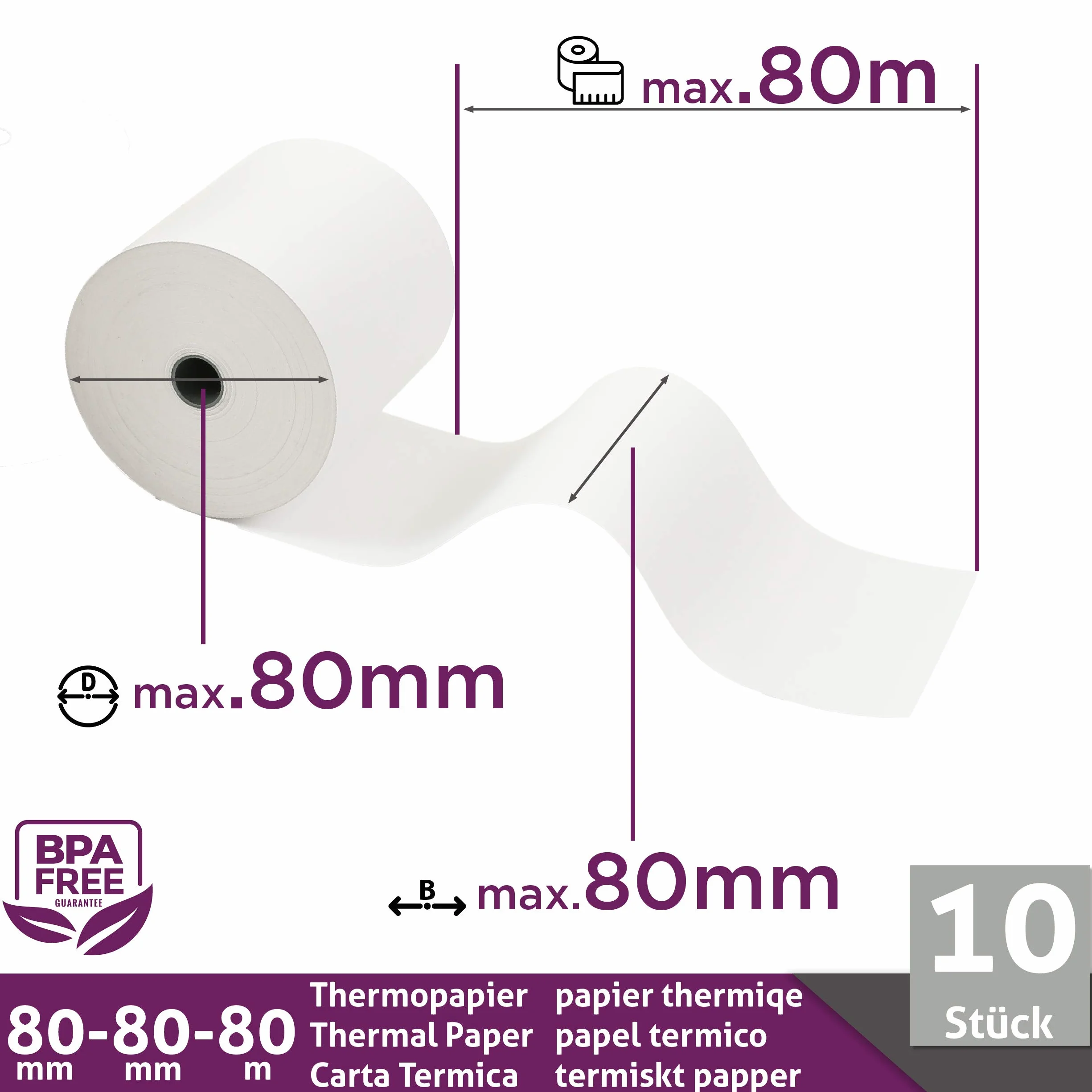 Rouleau Thermique 80x80x12 Bobine 80x80 pour Imprimante Thermique 80mm x 80m x 12mm Sans BPA 10x