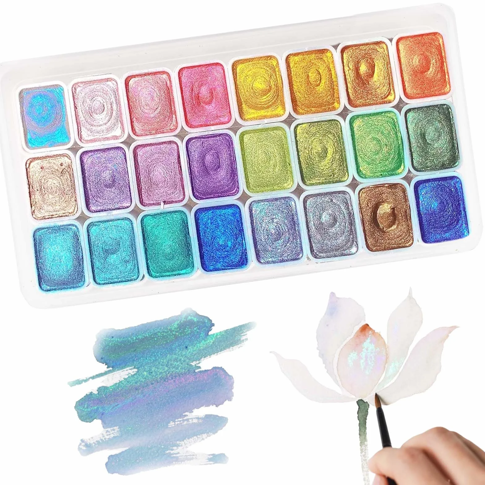 Peinture Aquarelle Nacrée 24 Couleurs, Ensemble Métallisé Paillettes Minérales pour Nail Art