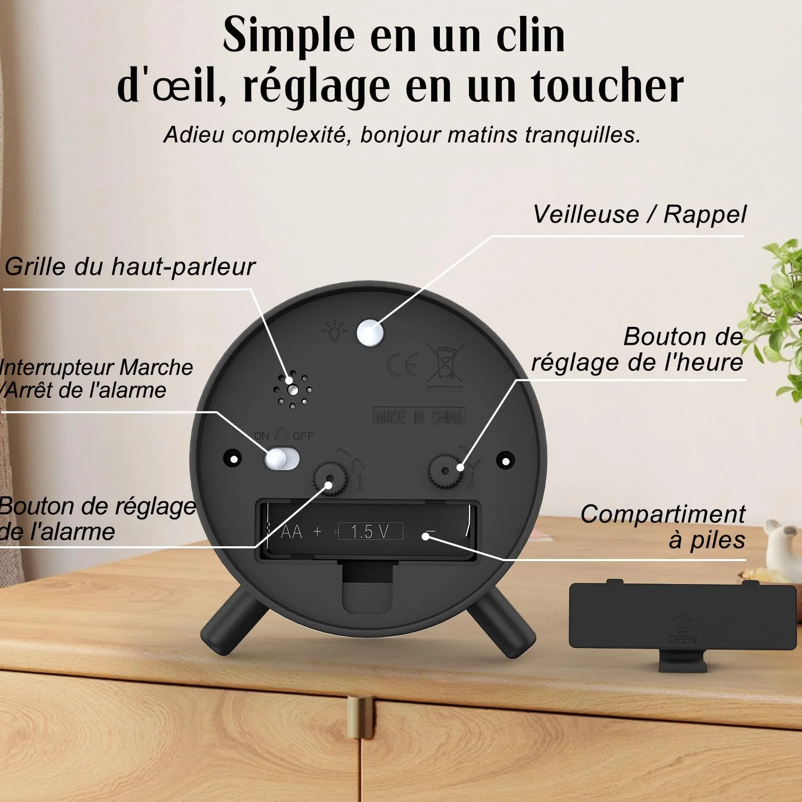 SOCICO Réveil Analogique Horloge de Chevet Rétro Ronde Métal Piles Veilleuse Fonction Snooze Noir