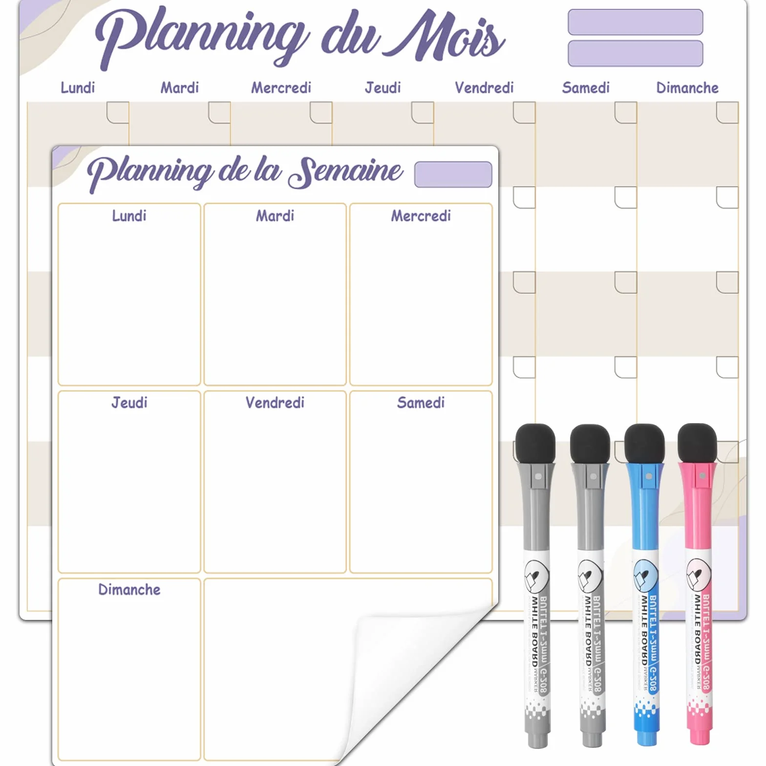 Tableaux Blancs Calendrier Effaçable à Sec Lot de 2 – Mensuel + Semainier avec 4 Marqueurs – Adhésif Non Magnétique pour Réfrigérateur Inox, Mur, Verre, Bois