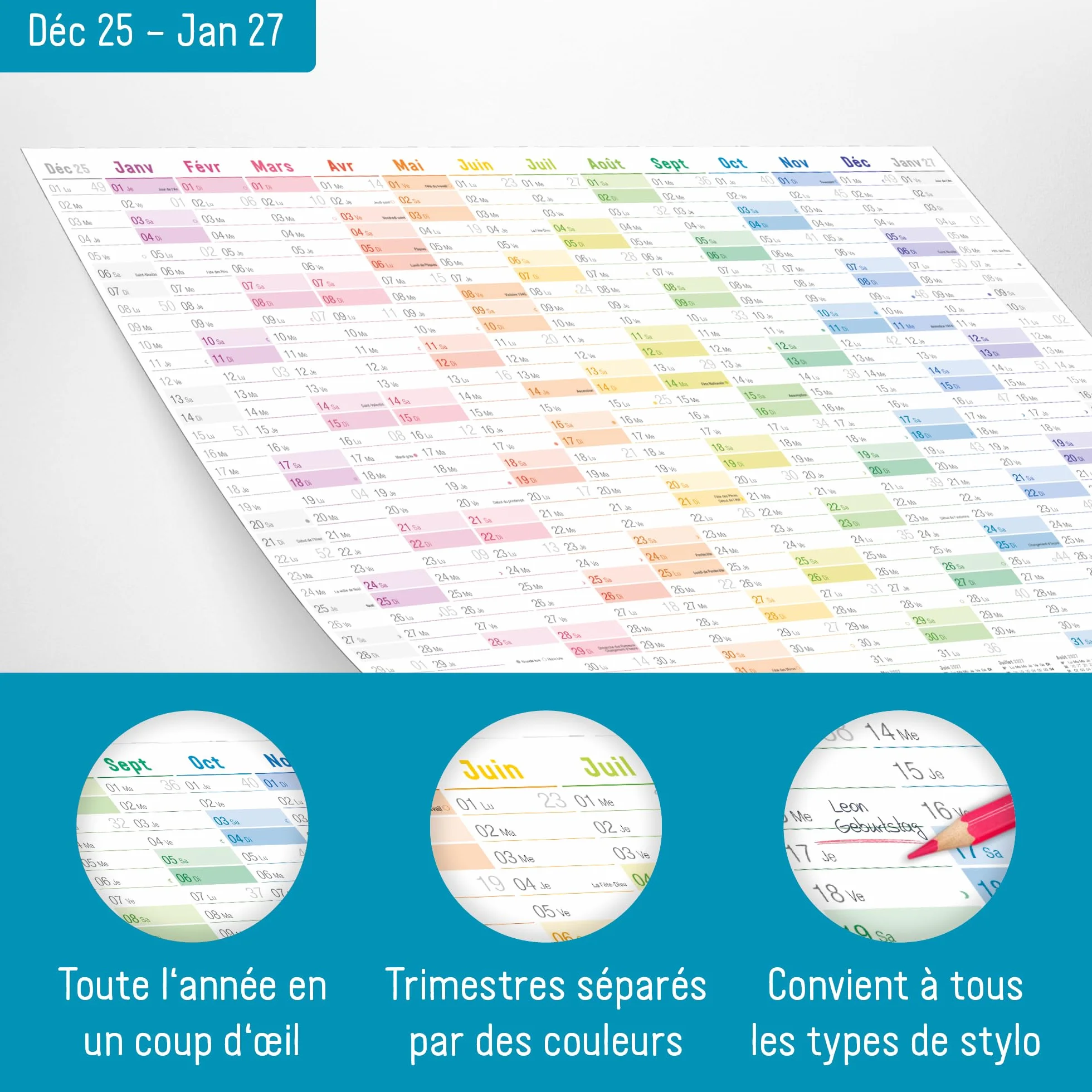 Calendrier mural 2026 A2 français 14 mois déc 2025 jan 2027 jours fériés France