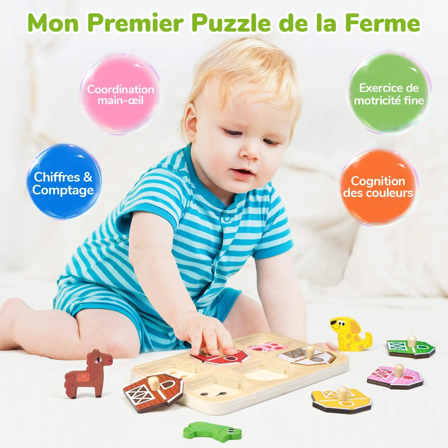 JoyCat Puzzle en Bois Animaux de la Ferme Montessori 1 2 3 Ans Jouet Educatif Enfant