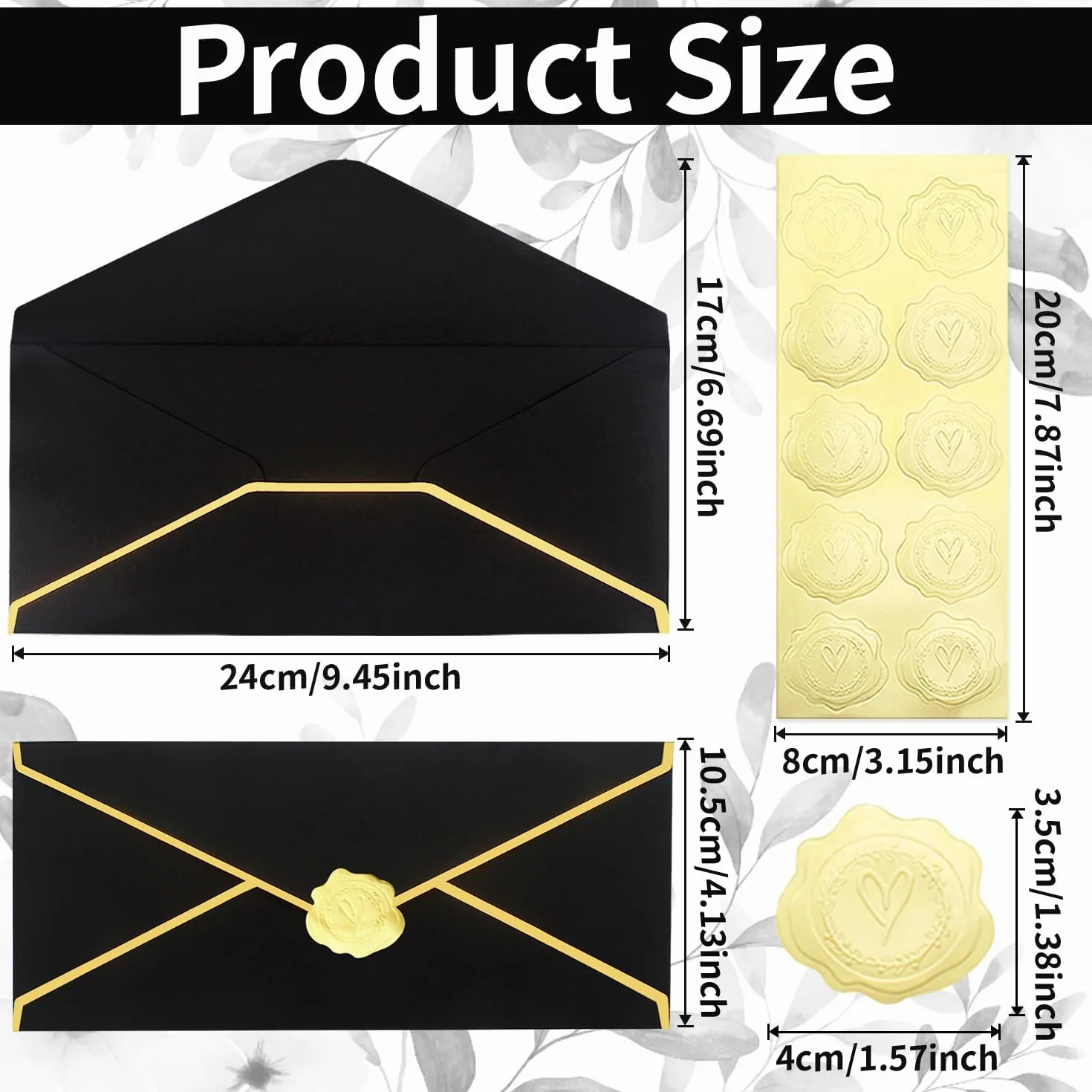 Enveloppes professionnelles noires bordure dorée 150 g/m² 24x10 cm autocollants dorés