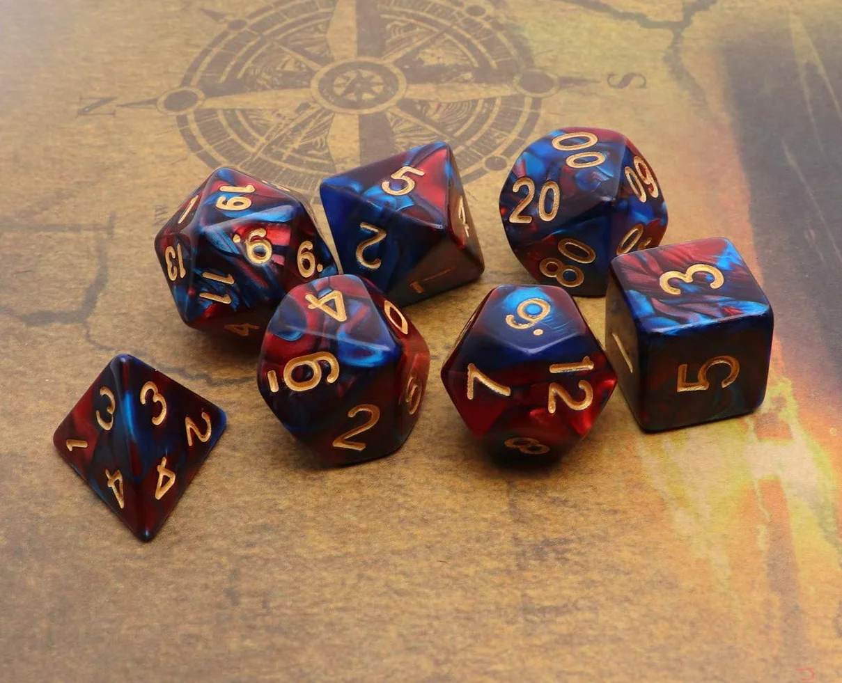 Jeu de dés polyédriques DND D20 D12 D10 D8 D6 D4 rouges et bleus pour Donjons et Dragons