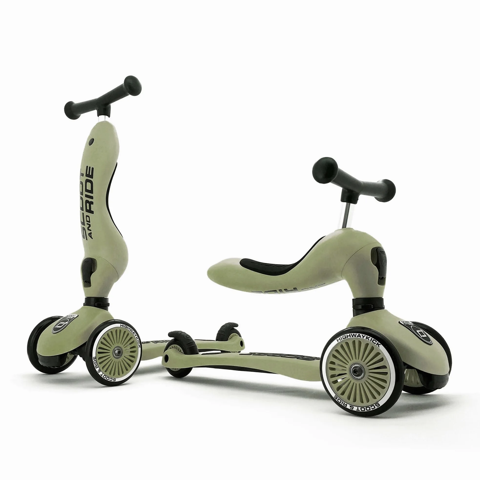 Scoot & Ride Highwaykick Trottinette 1 avec siège, 2 en 1, kickboard avec siège, siège et Guidon réglables en Hauteur (Olive)