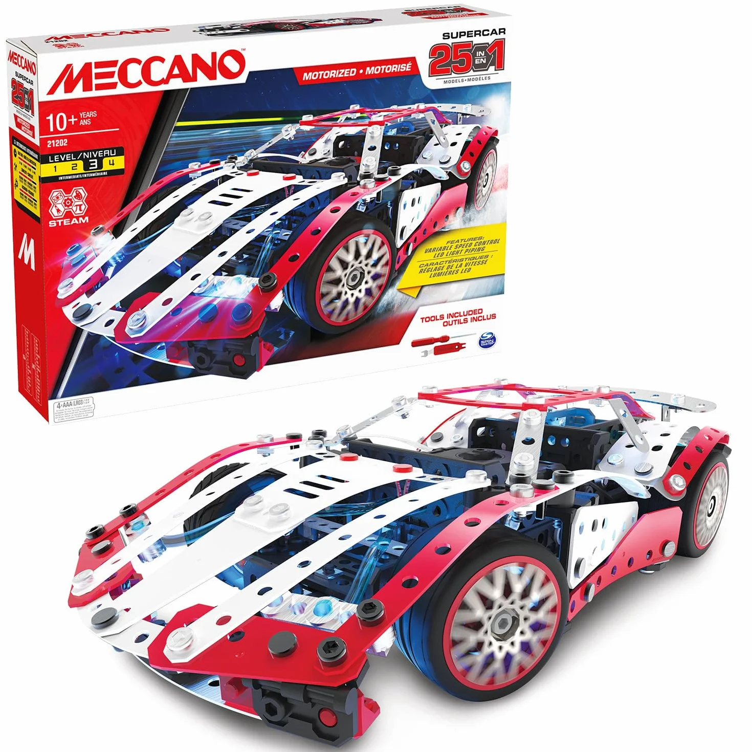 Bandai Meccano Supercar 25 en 1 Coffret de Construction 347 pièces Moteur 6V LED