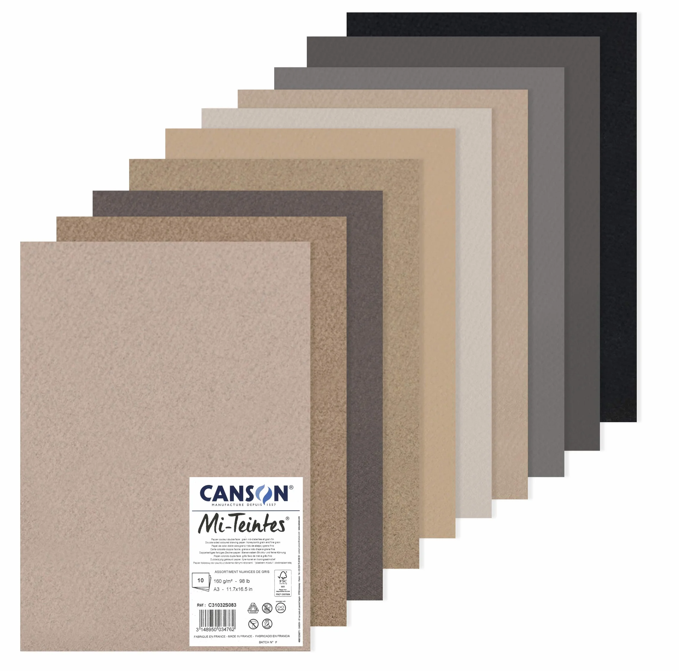 CANSON Mi-Teintes Papier Dessin A3 160g/m² Nuances de Gris 10 Feuilles
