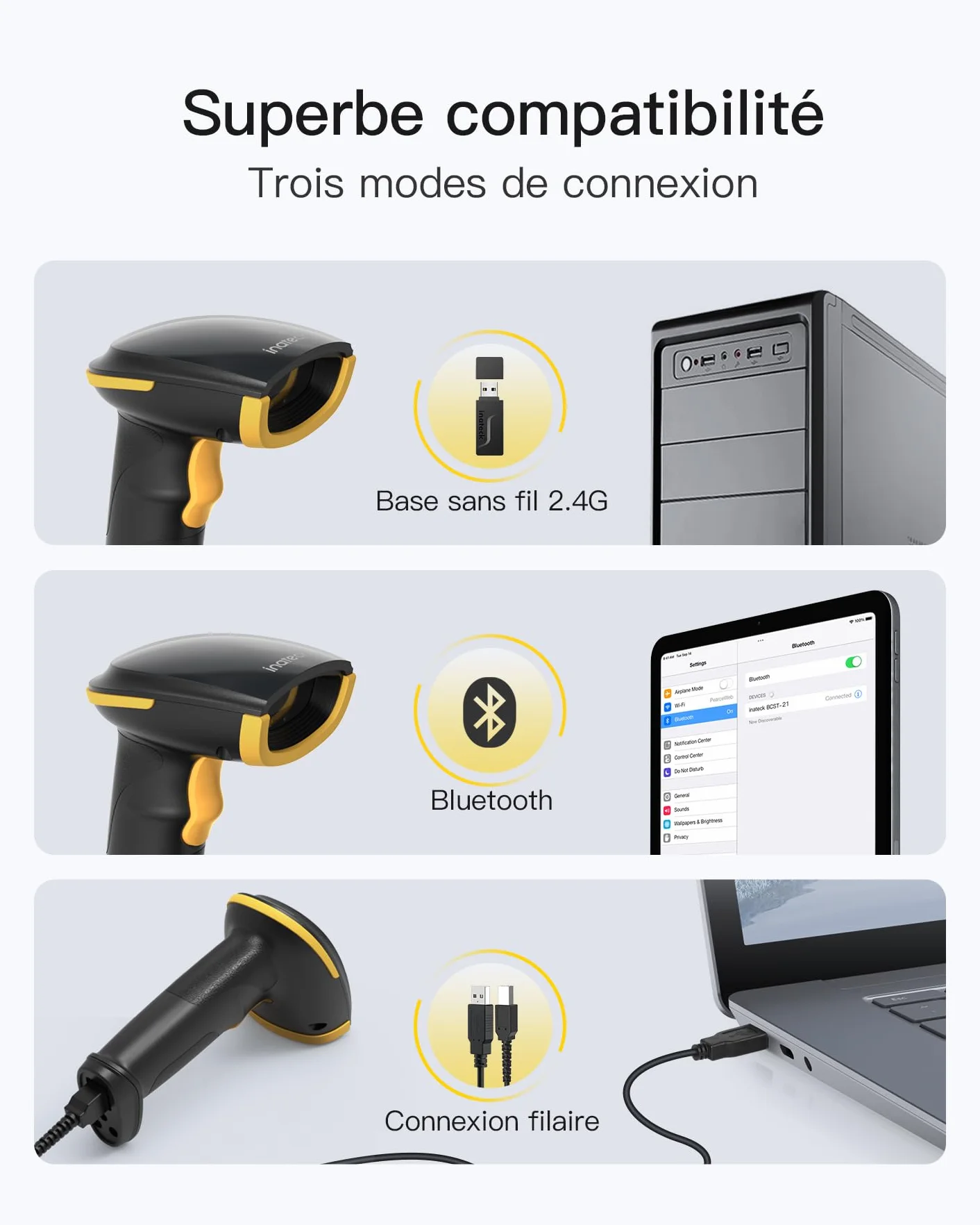 Inateck Lecteur Code Barre sans Fil 1D 2D QR, Douchette 3 en 1 Bluetooth 2,4 GHz USB, 2600 mAh, BCST-23