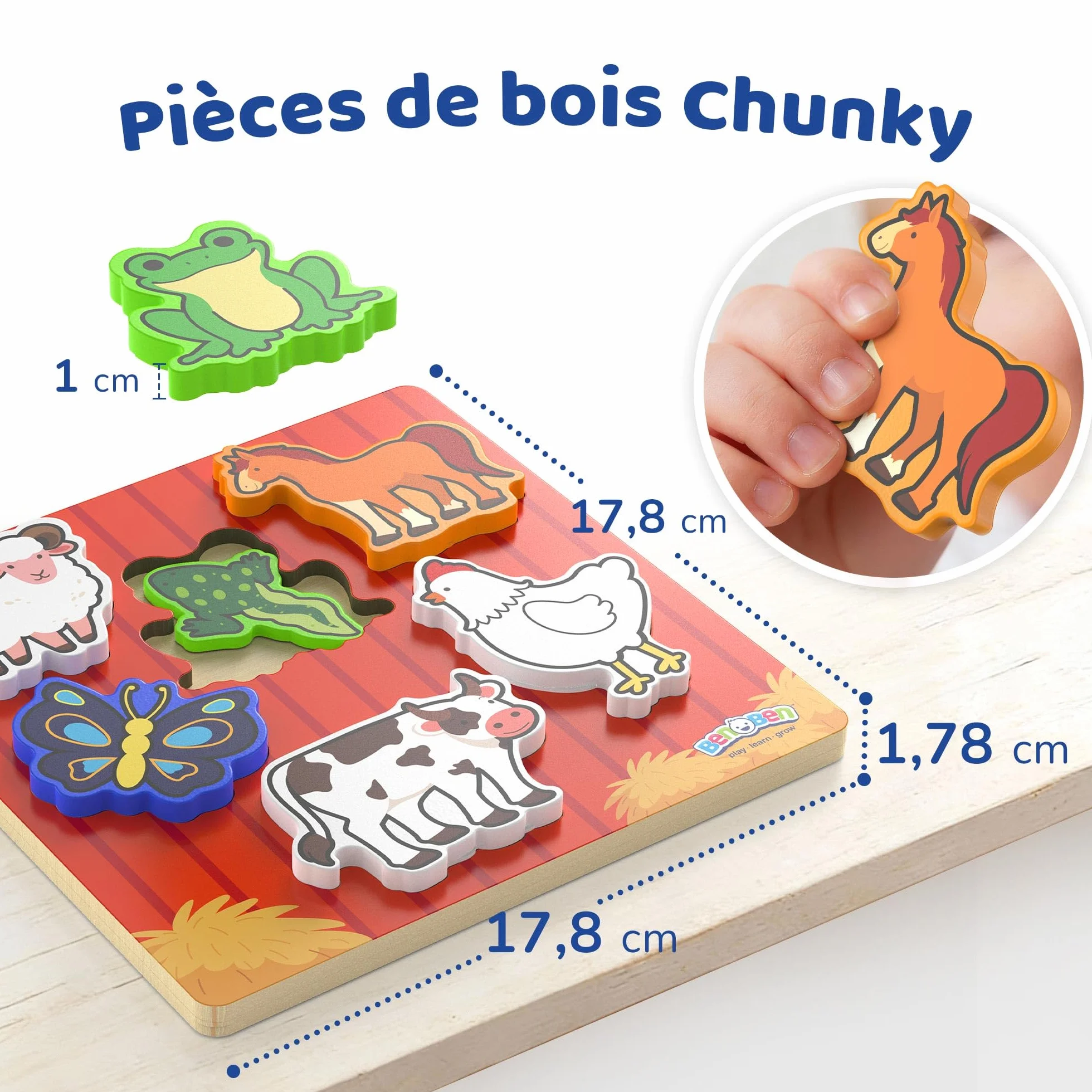 BenBen Puzzle en bois Montessori pour 1-3 ans, jouet à emboîter animaux