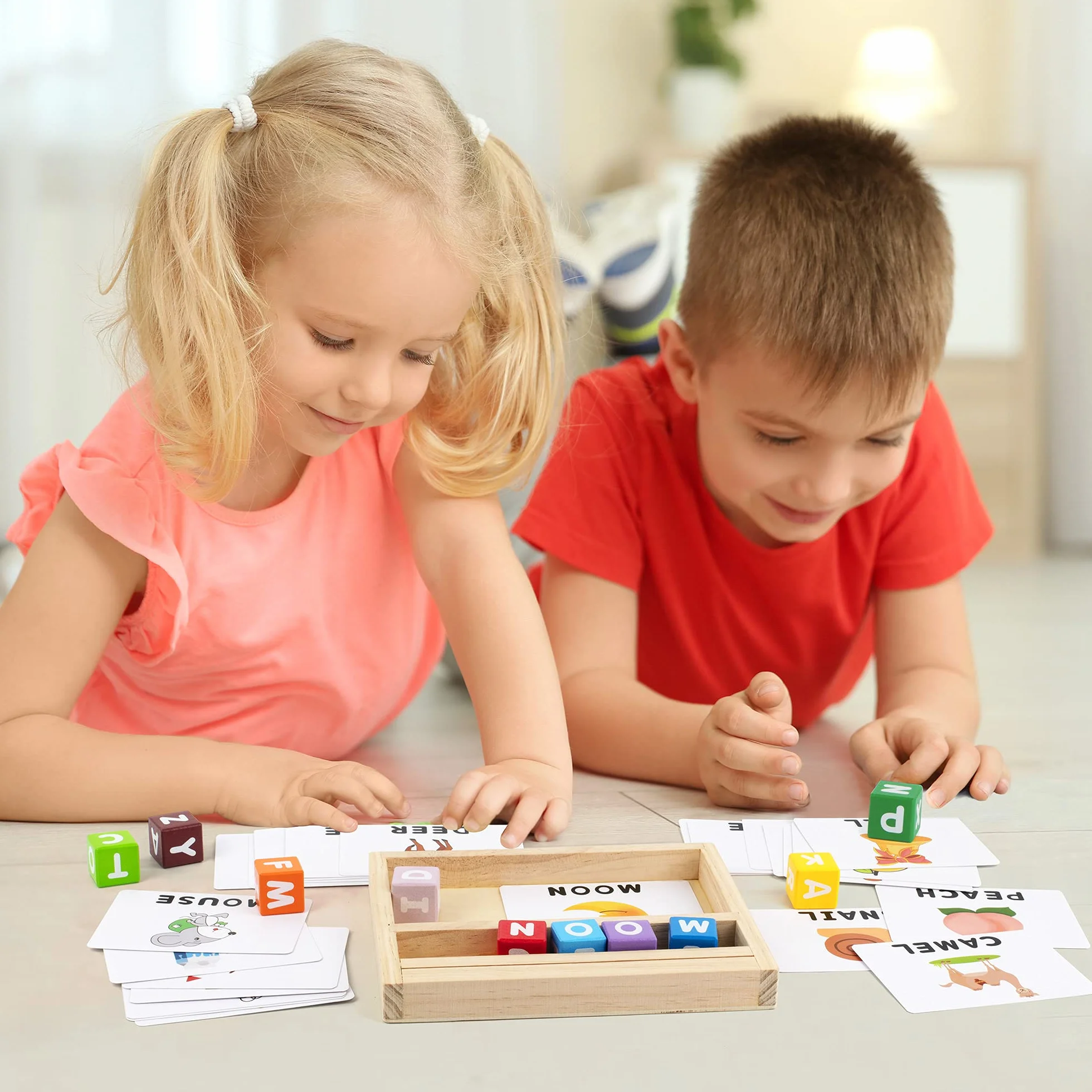 Coogam Jeux d'orthographe Blocs de Couleur, Lettres Assorties en Bois, Alphabet ABC Montessori Jouet éducatif