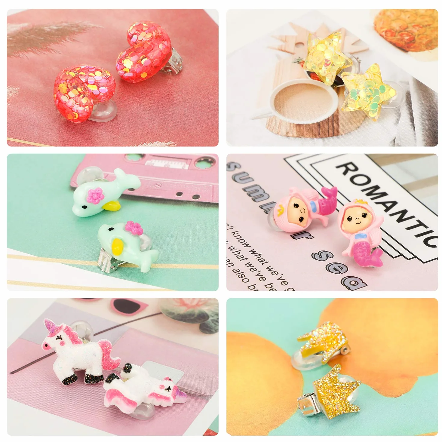Bagues Boucles d'oreilles clip Bracelet 30 pièces Licorne sirène papillon Princess bijoux set fête Accessoire