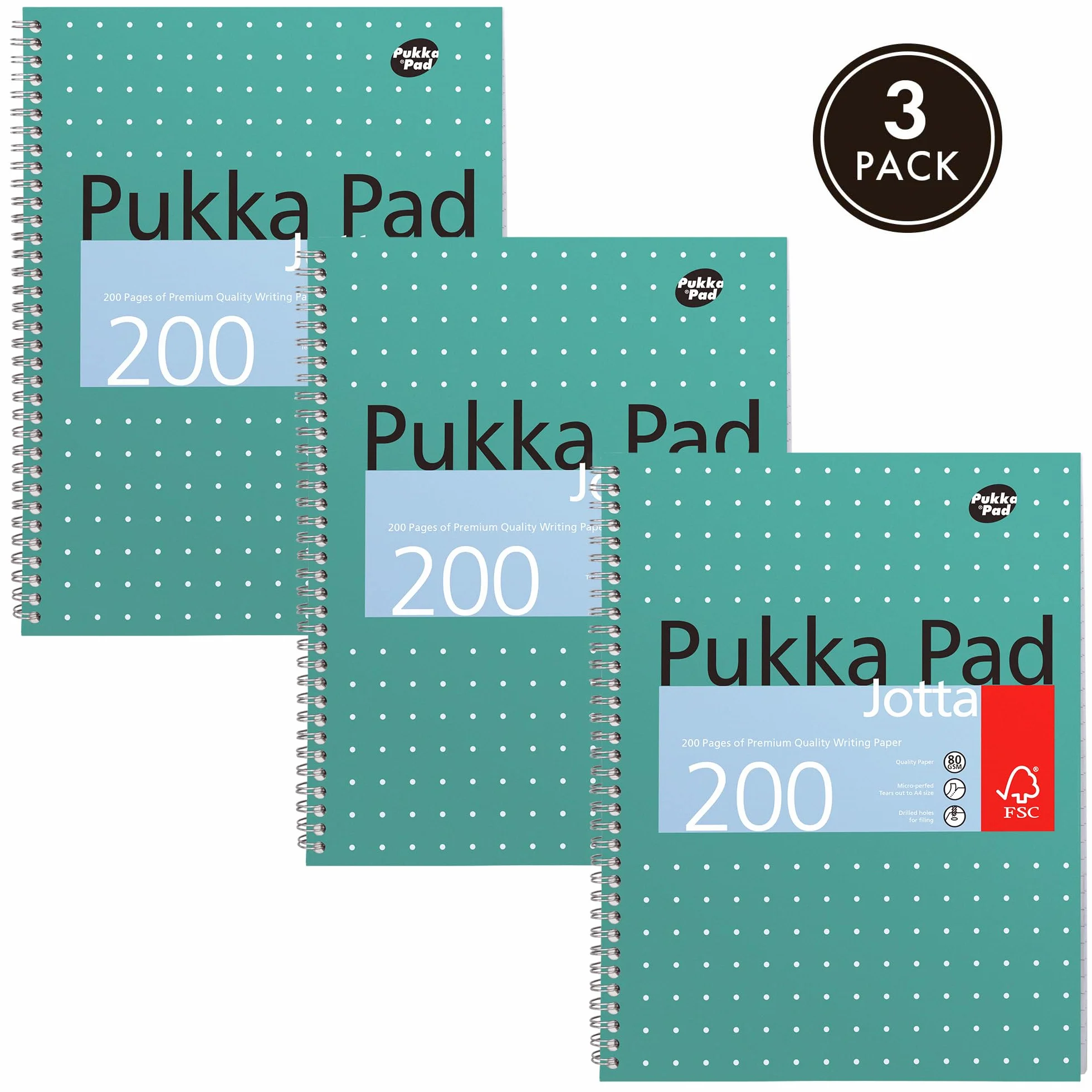 Pukka Pad Carnet de note Jotta métallique A4+ 23 x 29.7cm Spirale lignes 8mm papier 80GSM 200 pages vert LOT DE 3