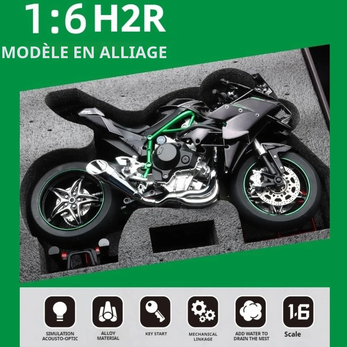 Moto H2R alliage moulé sous pression échelle 1/6 sons et lumières peinture haute brillance pneus caoutchouc collection