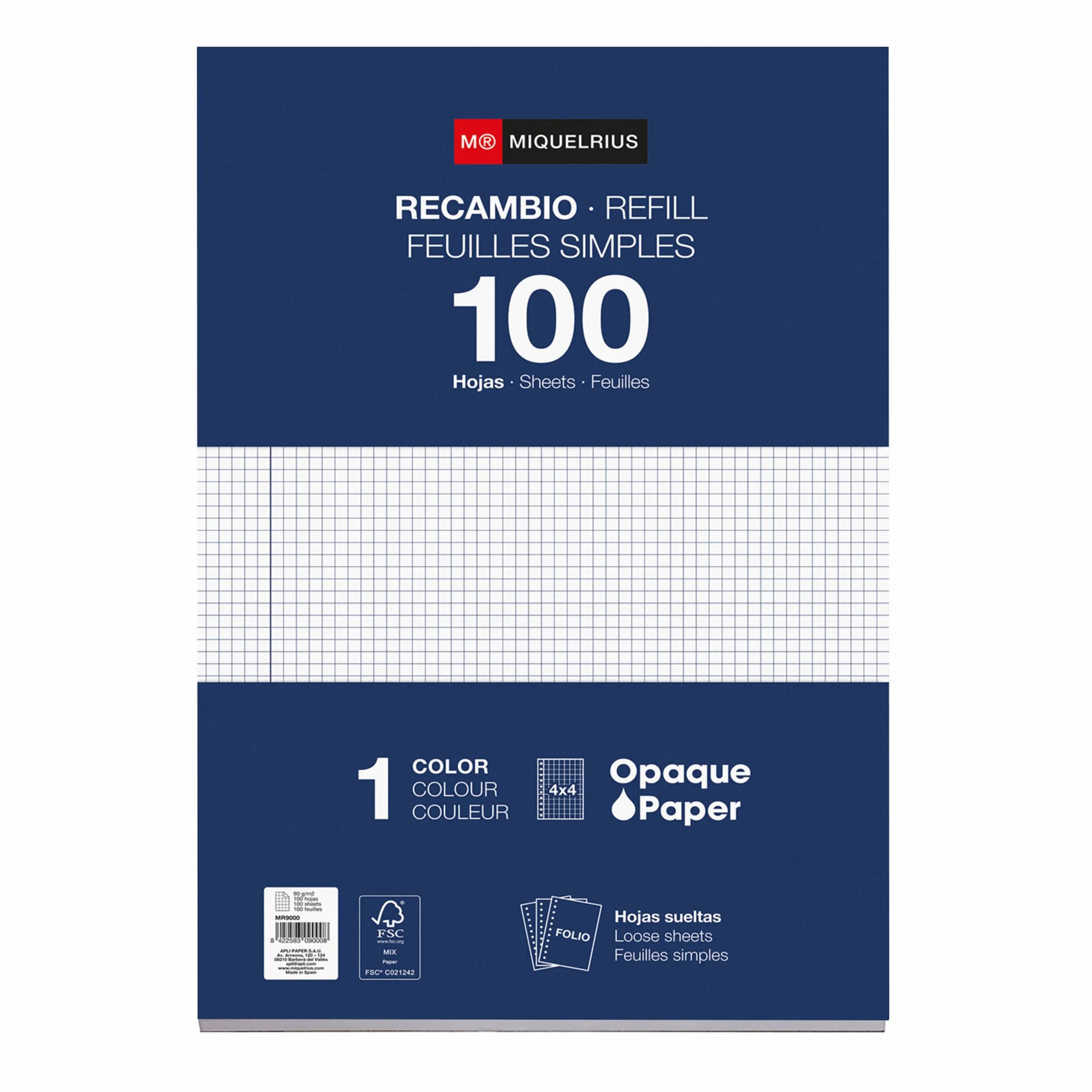 Miquelrius Bloc de recharge 215 x 309 mm 100 feuilles quadrillées 4x4 mm Papier 90 g/m² Recharge perforée pour classeur