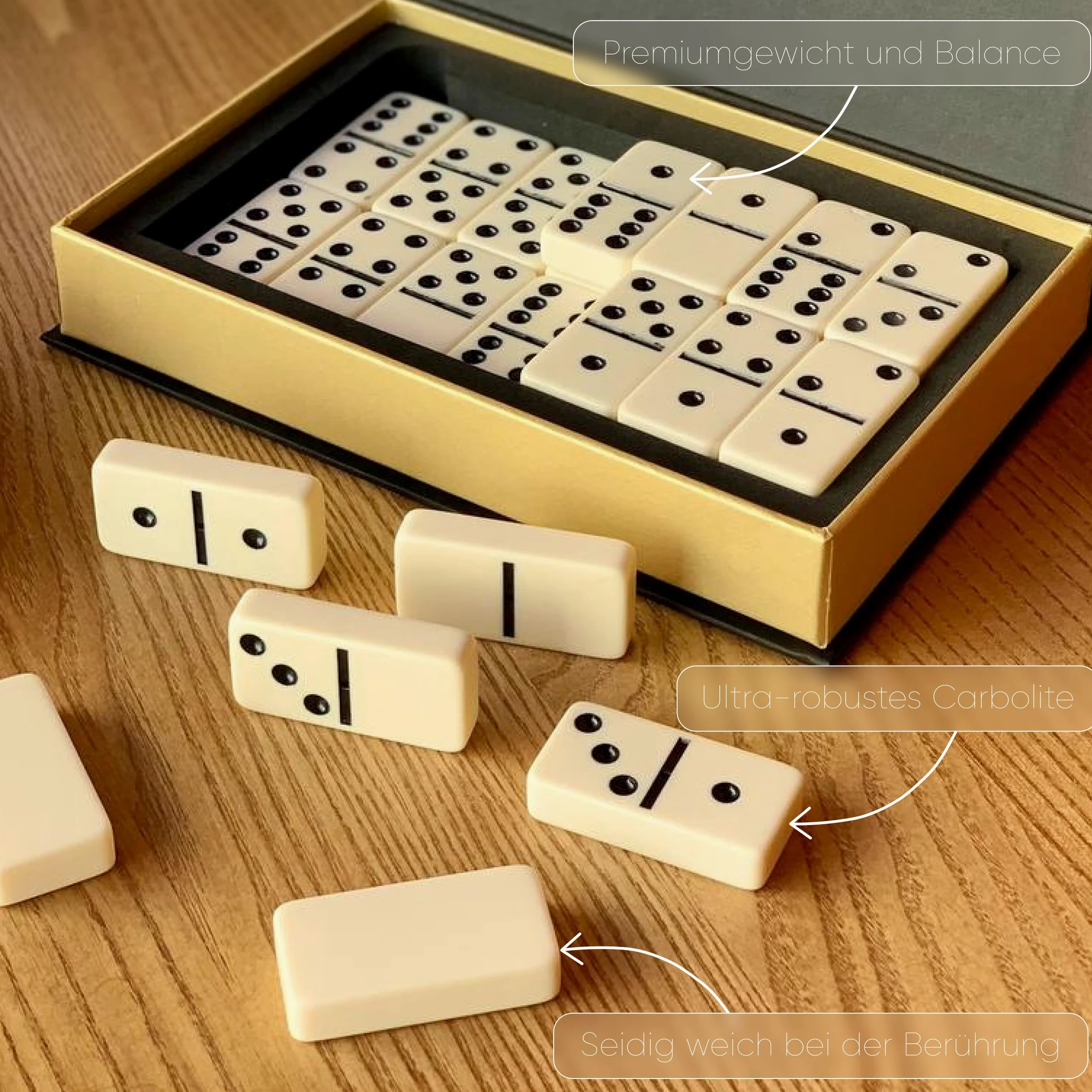 Ensemble de dominos de luxe en carbolite et bois - Fabriqué à la main - Jeu familial élégant dans une boîte en bois pour famille et amis - Blanc