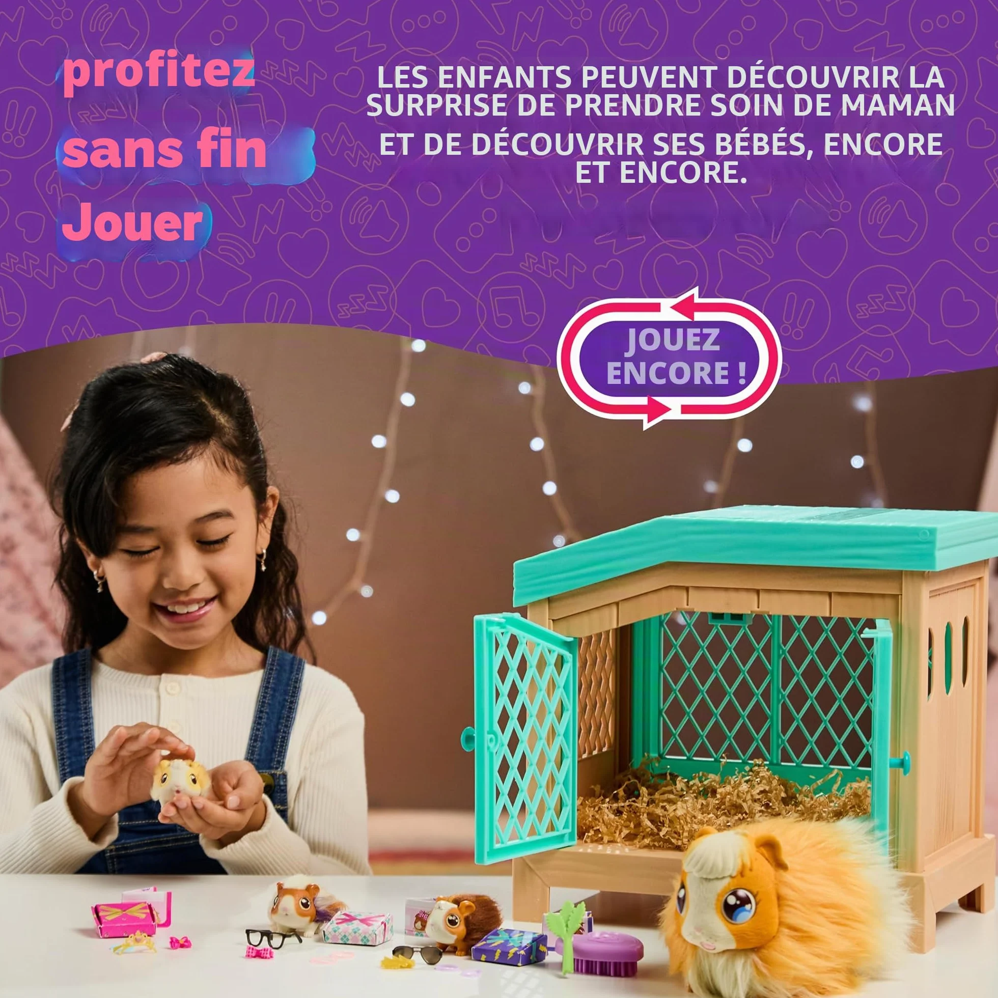 LLP Little Live Pets Mama Surprise Maman Cochon d’Inde Interactive Pelage Doux avec Clapier et 3 Bébés Surprises Sons et Réactions