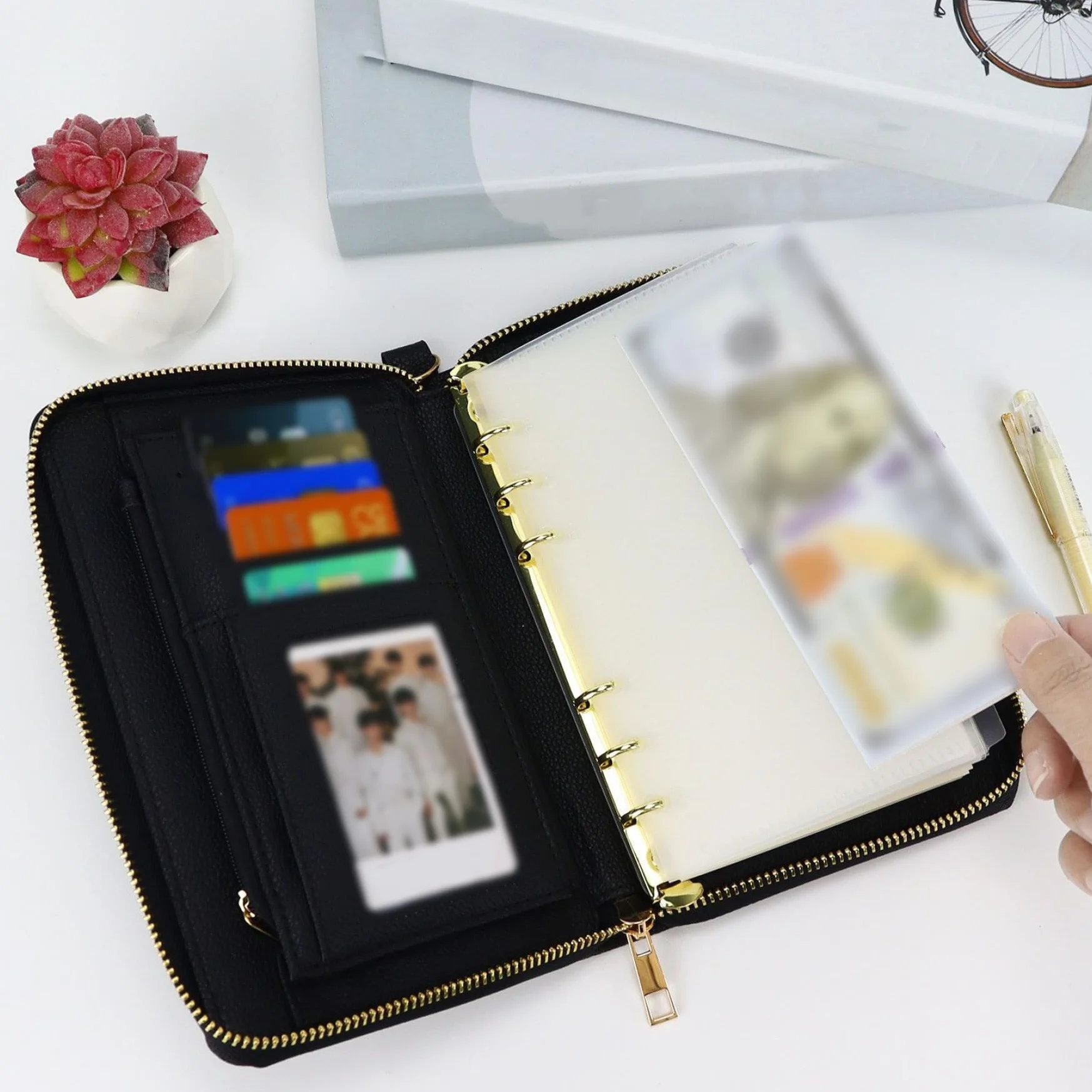 Portefeuille planificateur A7 en cuir PU avec fermeture éclair, organisateur rechargeable 6 anneaux