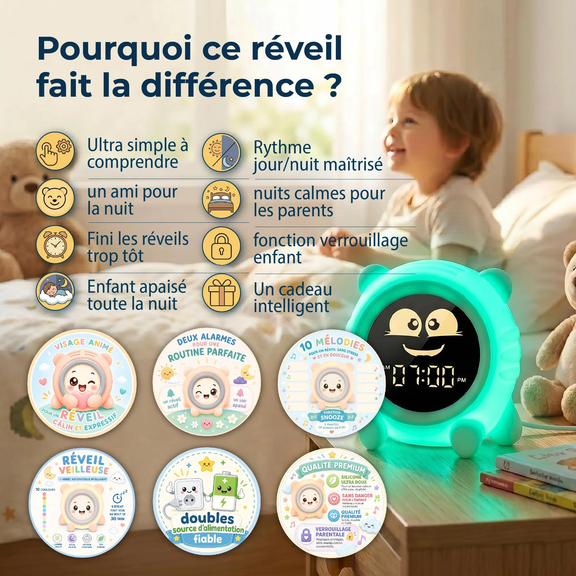 ANTIKOLOR Reveil Enfant éducatif Jour Nuit - Horloge Apprentissage Fille et Garcon - veilleuse bébé - dés 3 Ans