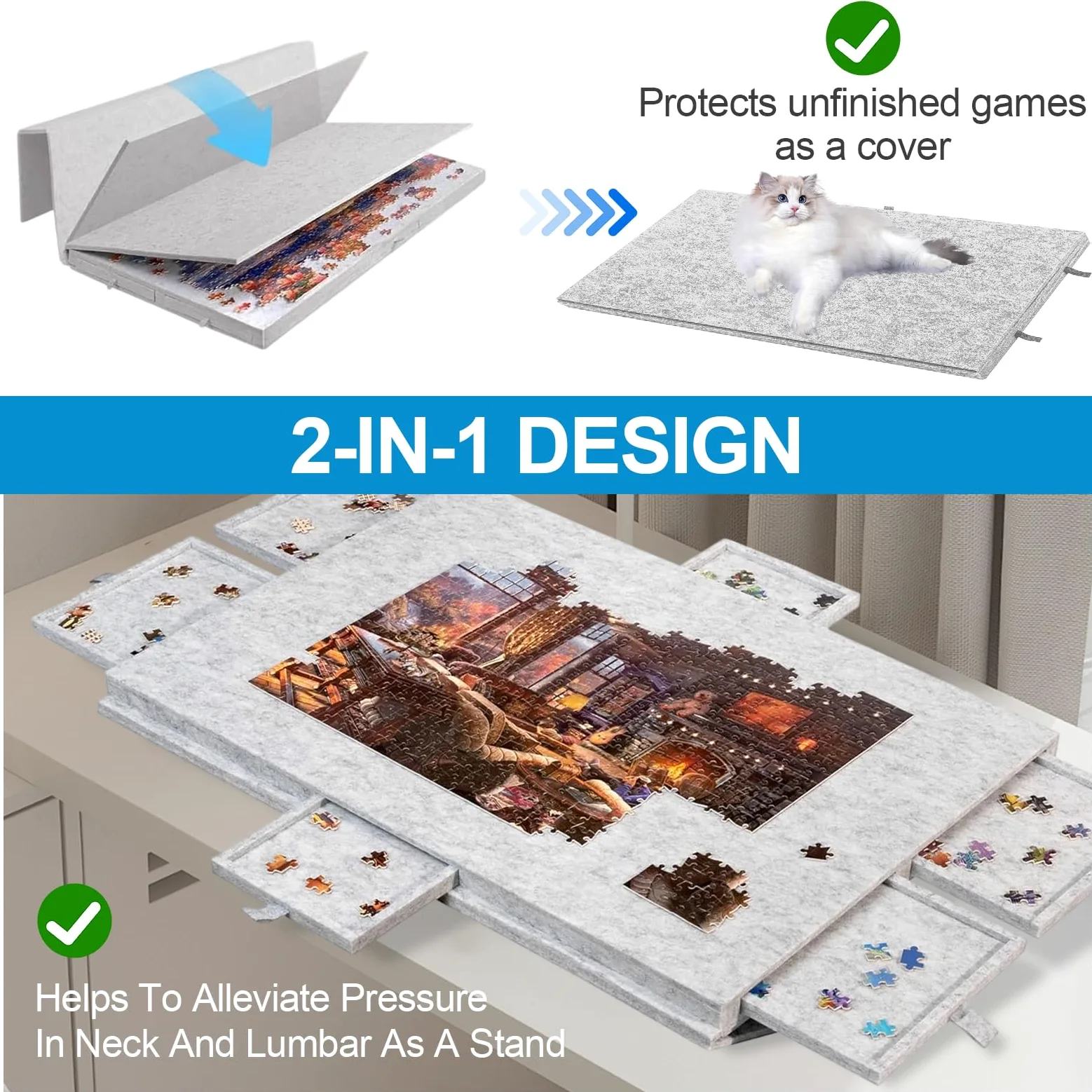 Planche de puzzle inclinable avec 6 tiroirs et housse, table de puzzle légère et portable avec support réglable pour 1 000 pièces, planche de puzzle pliable en feutre antidérapant pour adultes et