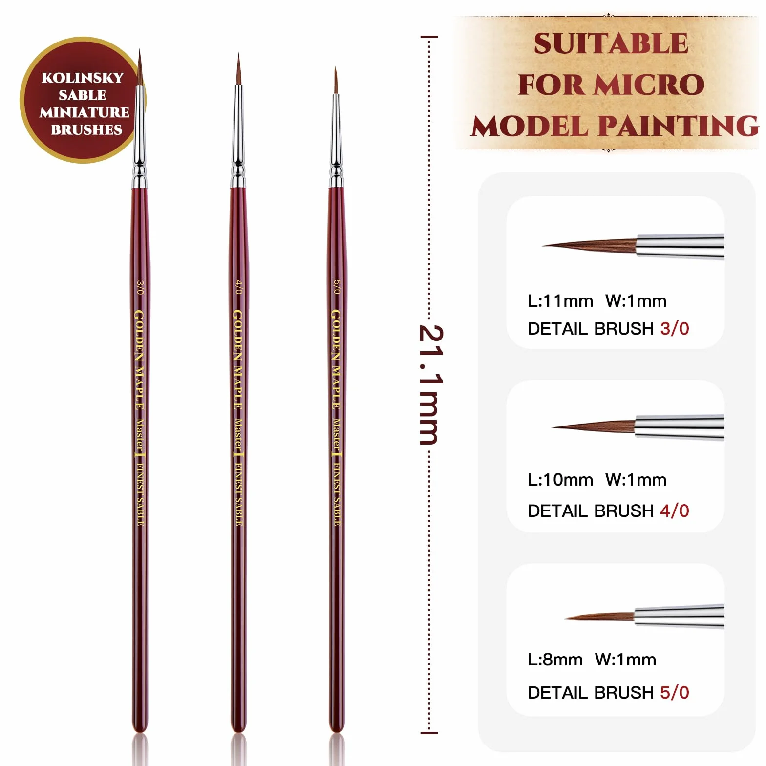 Golden Maple Pinceaux de peinture miniatures poils Kolinsky Taille 3/0 4/0 5/0 ultra fin