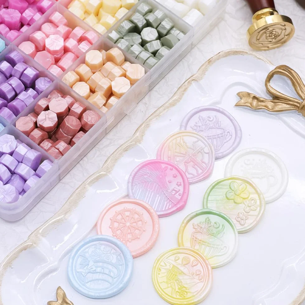 Lot de 1200 perles de cire à cacheter 48 couleurs kit timbre de sceau en cire pour lettres invitations mariage