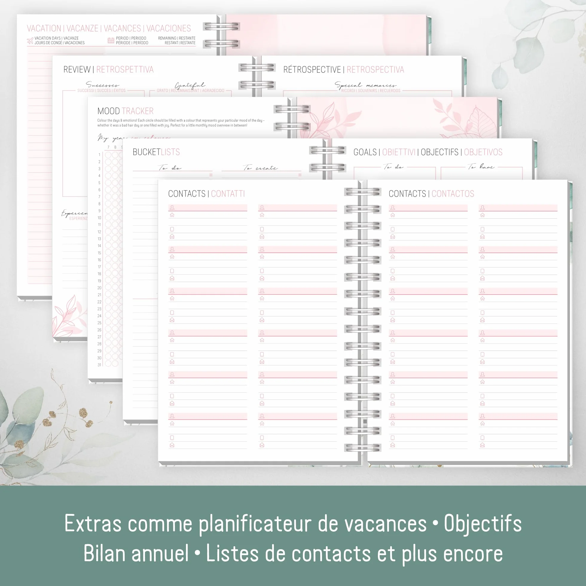 Häfft® Calendrier international 2026 A5 Feuille d´or reliure spirale EN/FR/IT/ES agenda personnel life planner durable