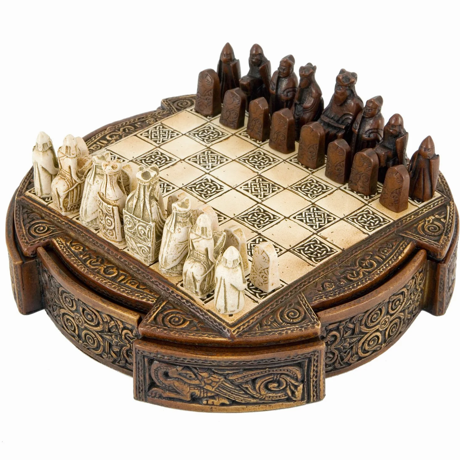 Jeu d'échecs celtique compact marron de l'île de Lewis – Échiquier de 20,3 cm et pièces miniatures – Fabriqué en Angleterre