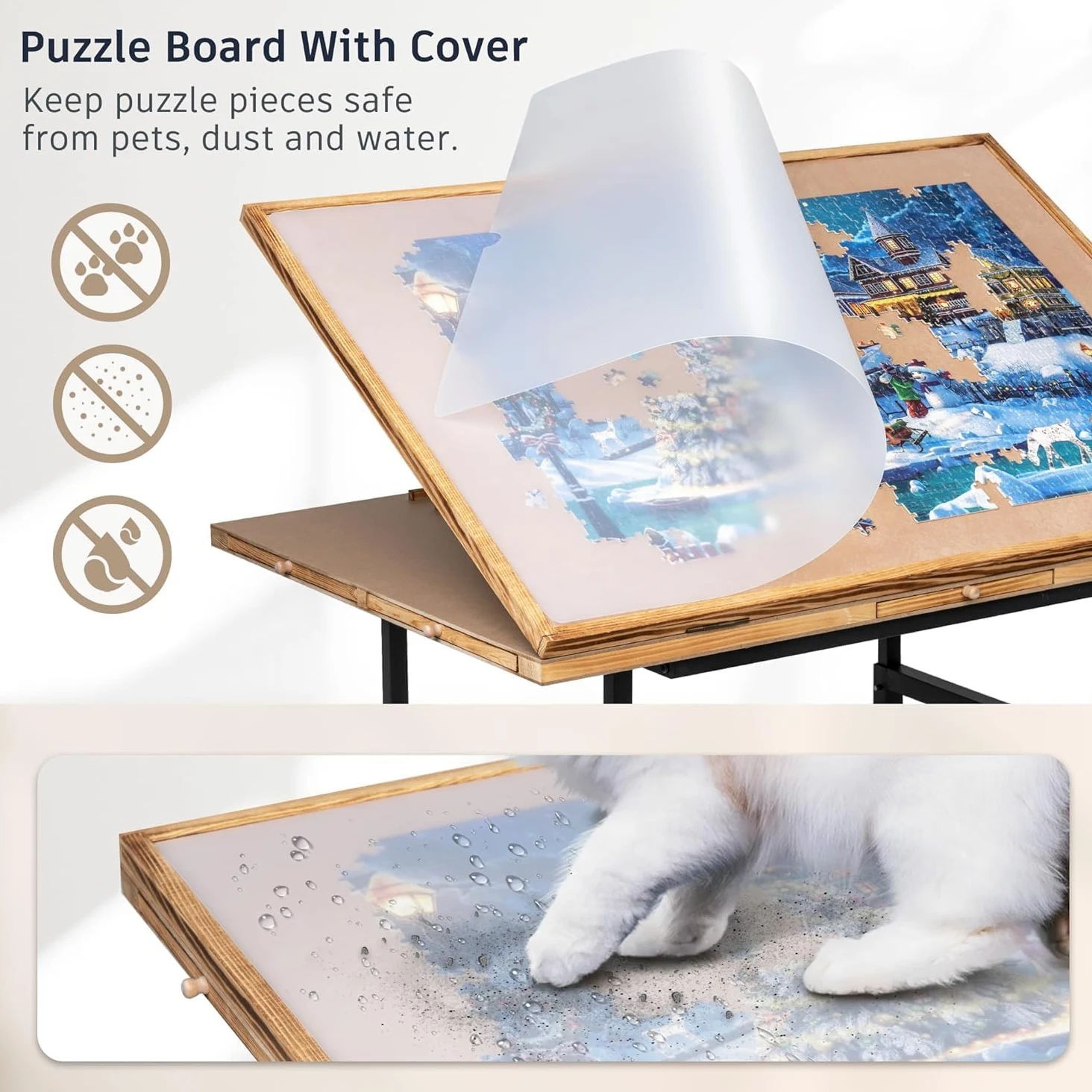 Planche puzzle avec 4 tiroirs et couvercle en PVC, planche de puzzle inclinable avec réglage en hauteur pour jusqu'à 1500 pièces, avec 4 roulettes